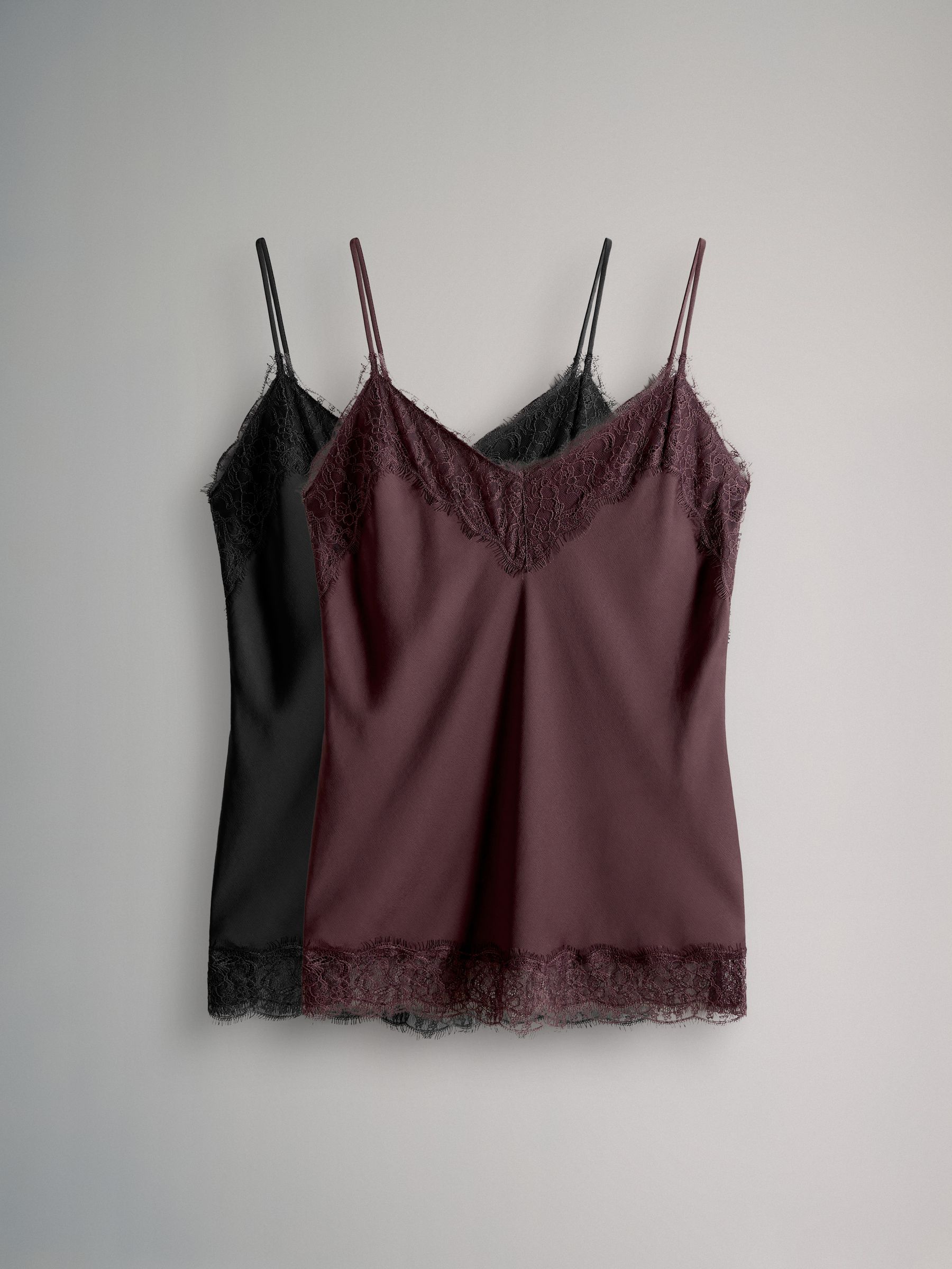 The Set 2 Pack Satin Crepe Lace Trim Camisole Black/ Burgundy Red