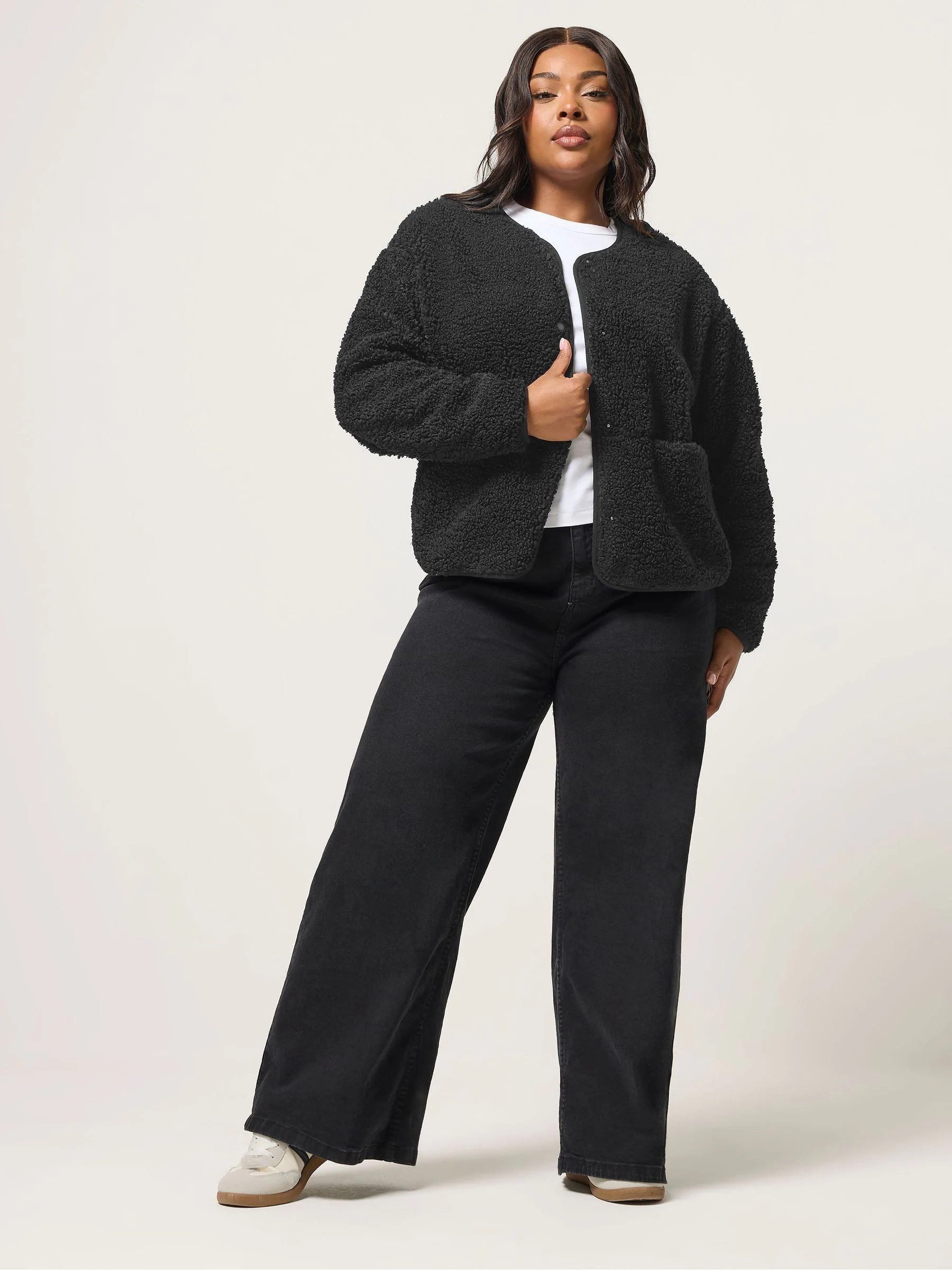 Yours Curve Black Collarless Popper Fleece