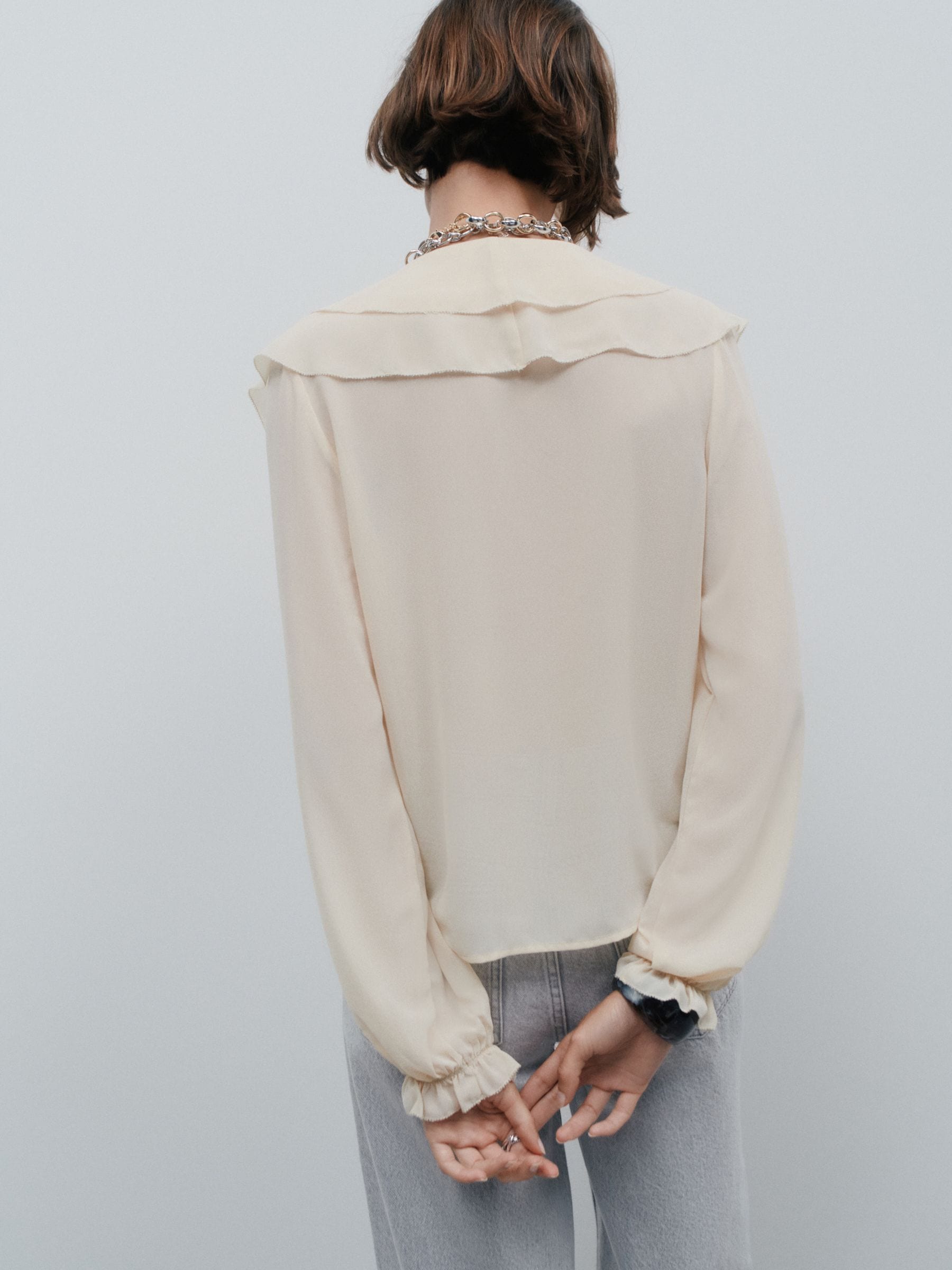 Ecru V-Neck Ruffle Front Long Sleeve Blouse