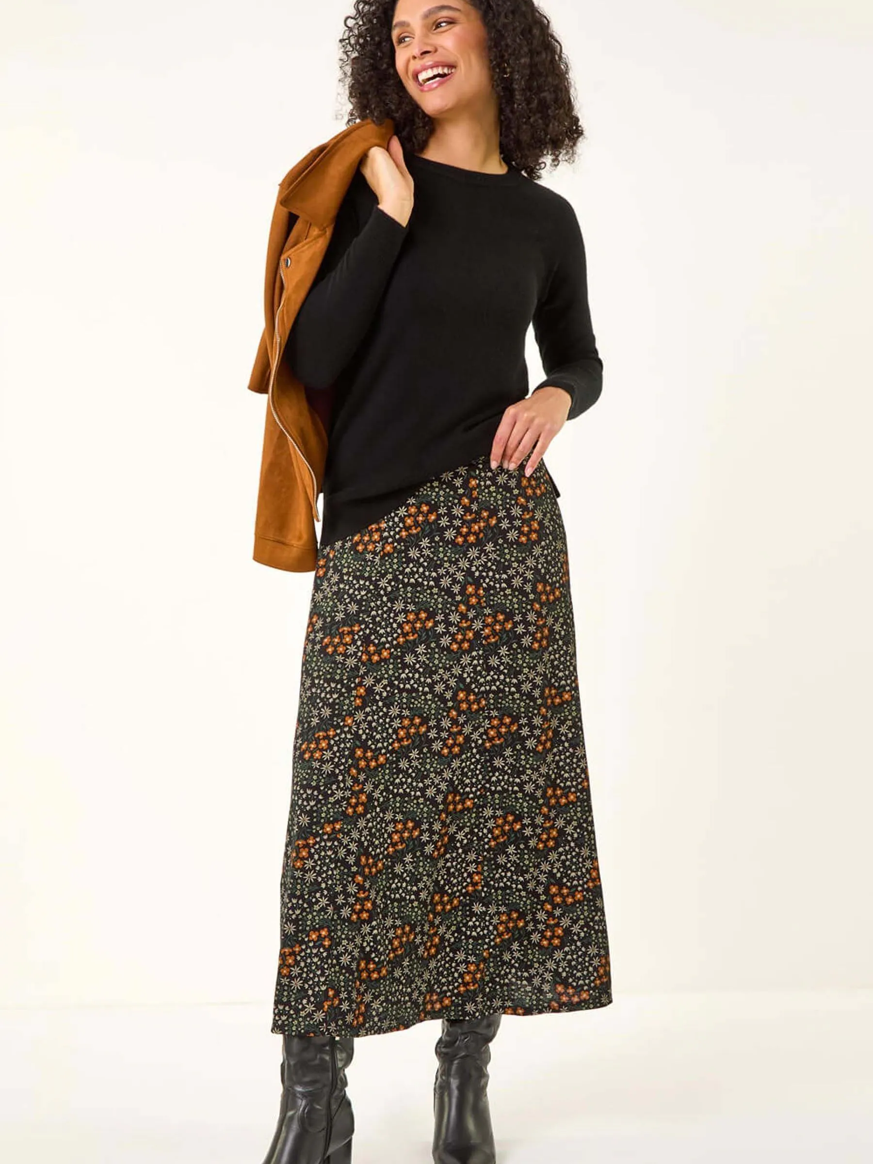 Roman Orange Ditsy Floral Print Stretch Midi Skirt