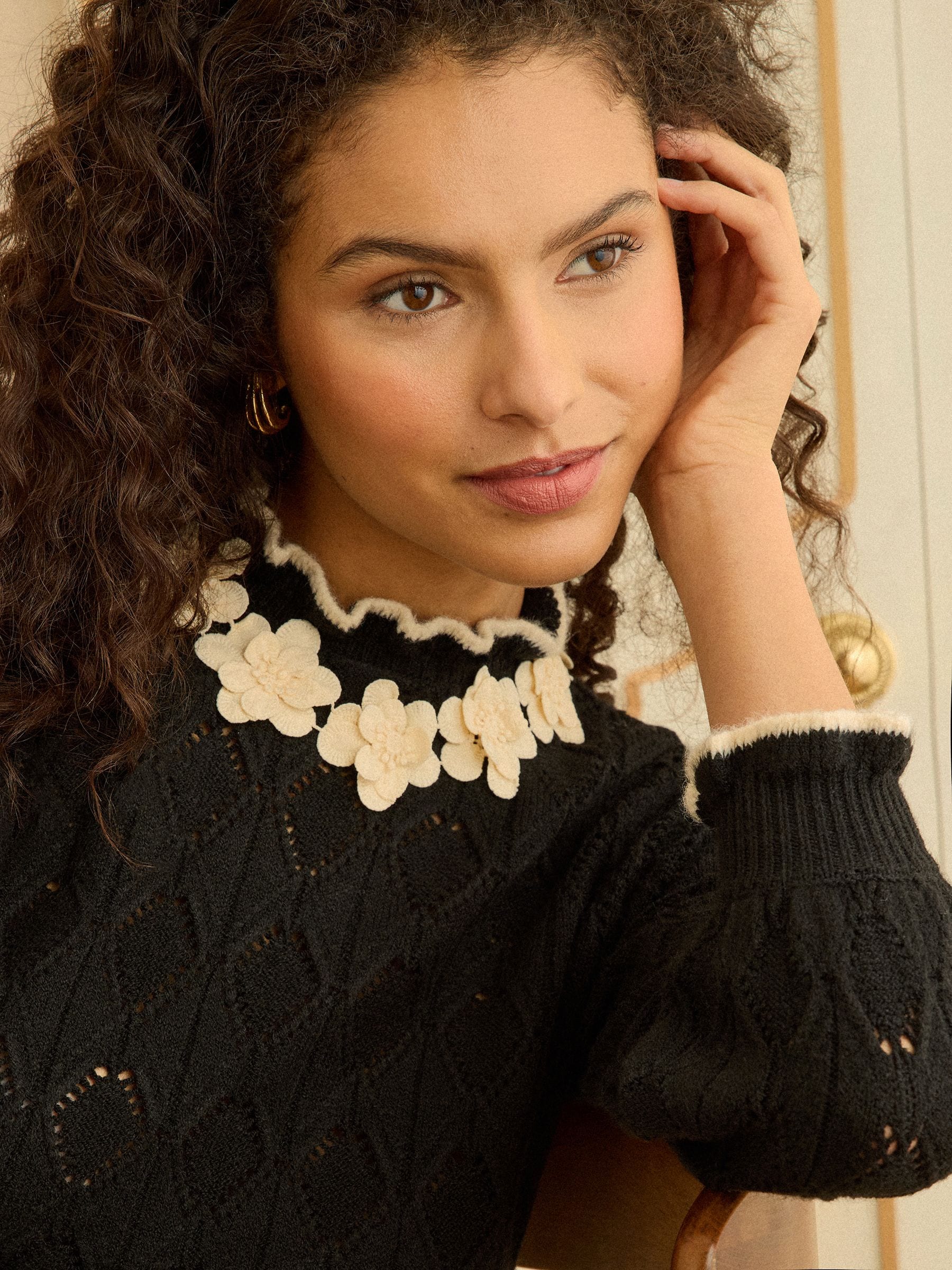 Love & Roses Black 3D Flower Trim Pointelle Jumper