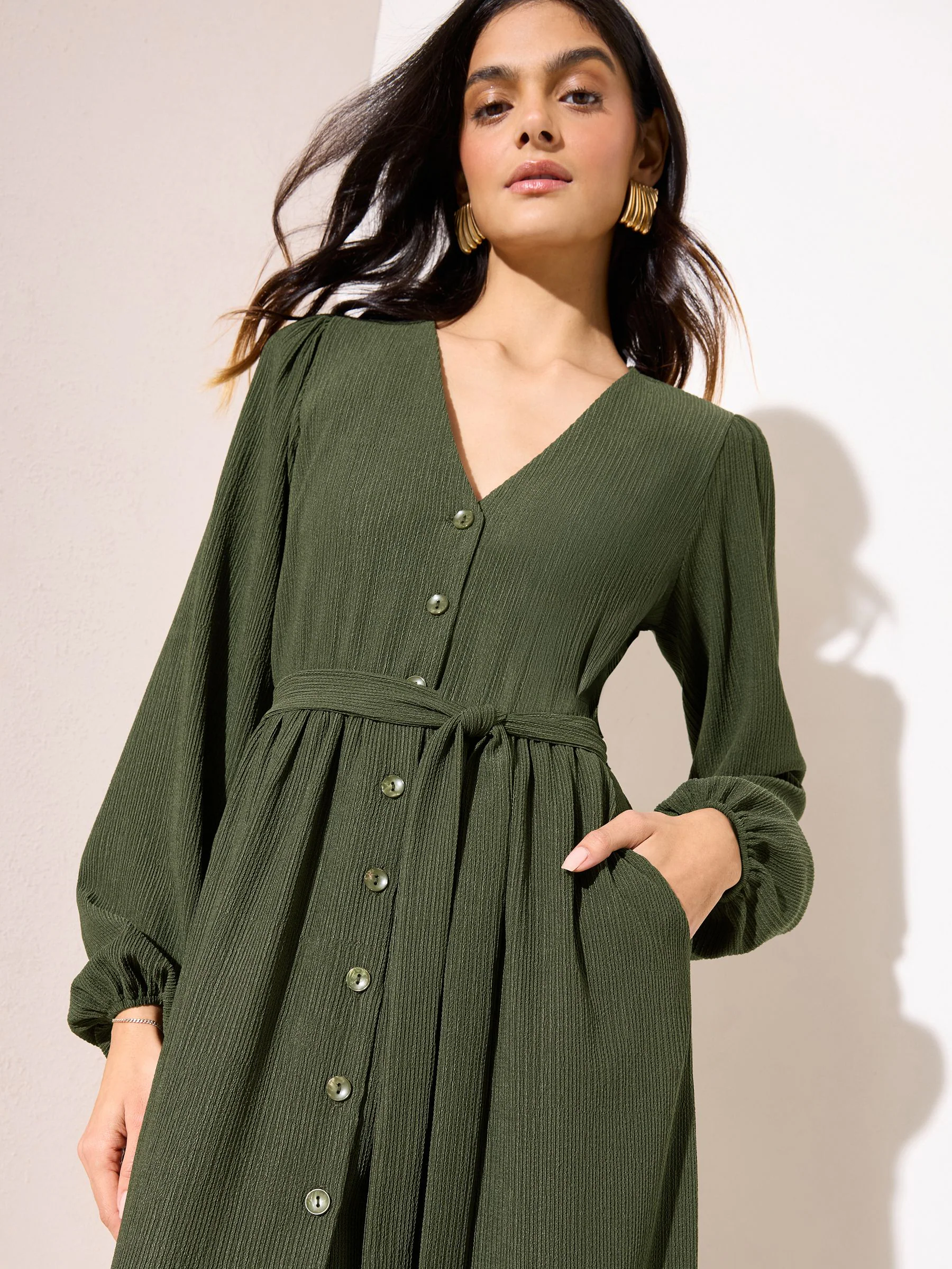 Friends Like These Khaki Green Long Sleeve Tie Waist Button Up Textured Midi Dress