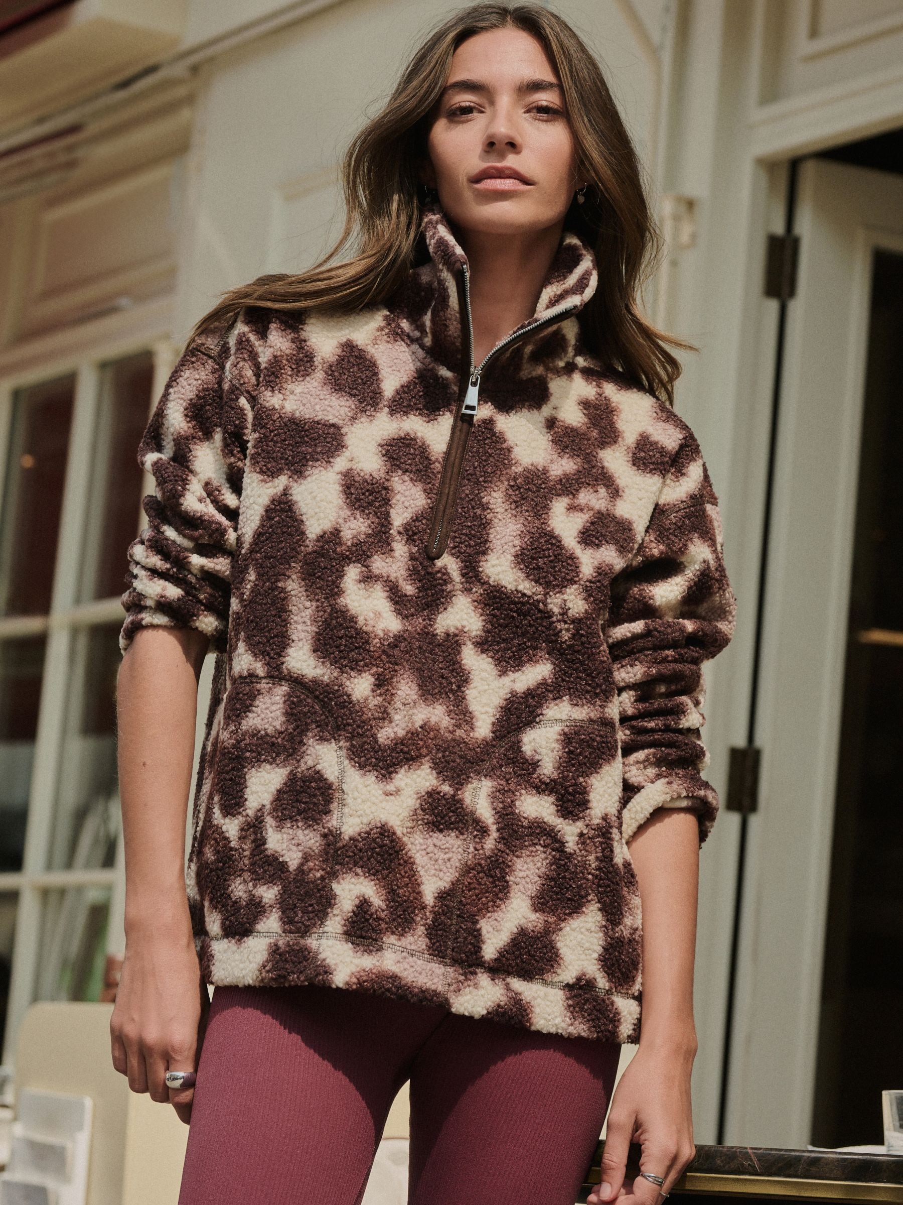 Chocolate Brown/Pink Leopard Soft Touch Cosy Teddy Borg Quarter Zip Fleece