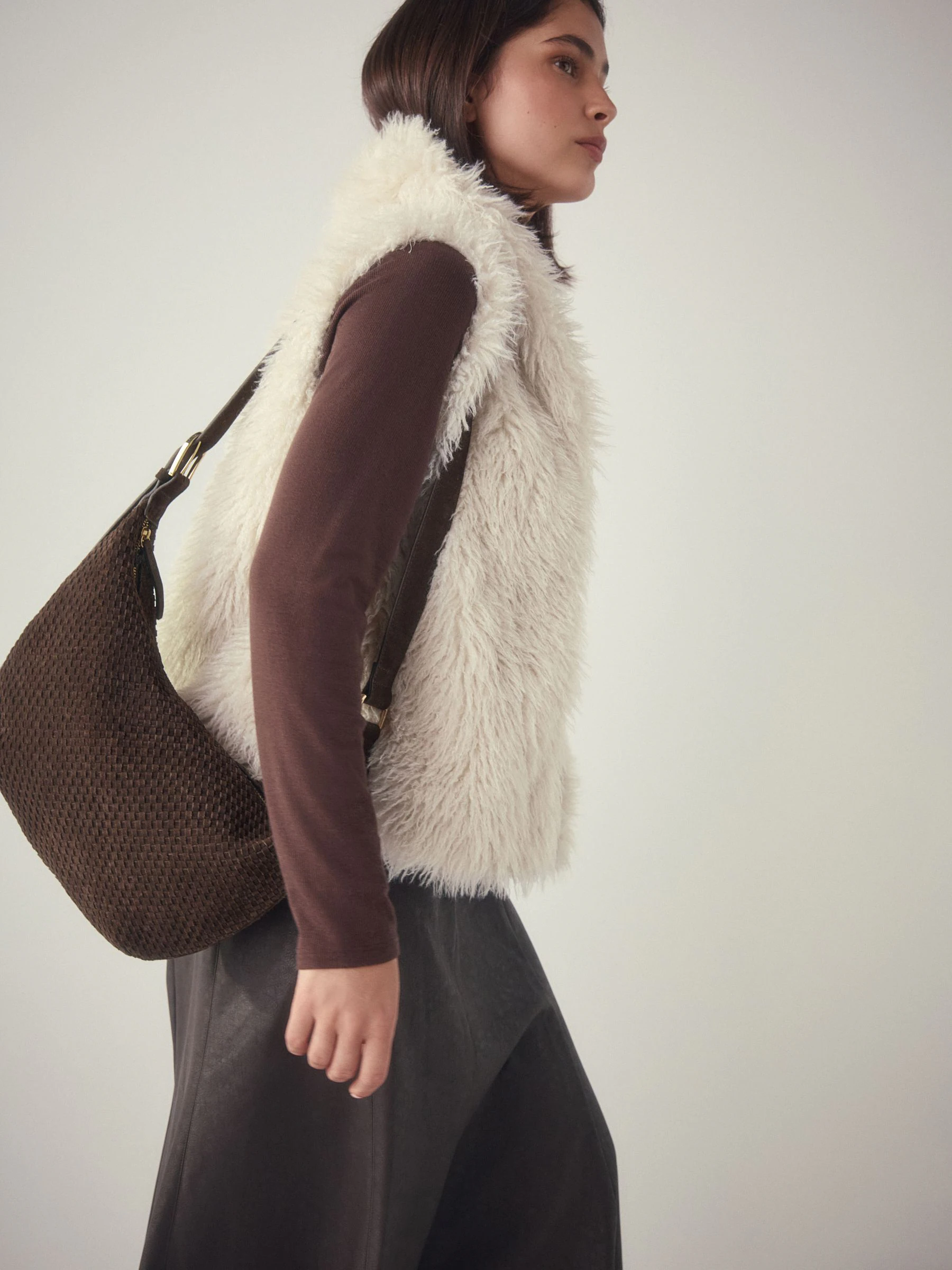 Chocolate Brown N. Premium Suede Sling Weave Shoulder Bag