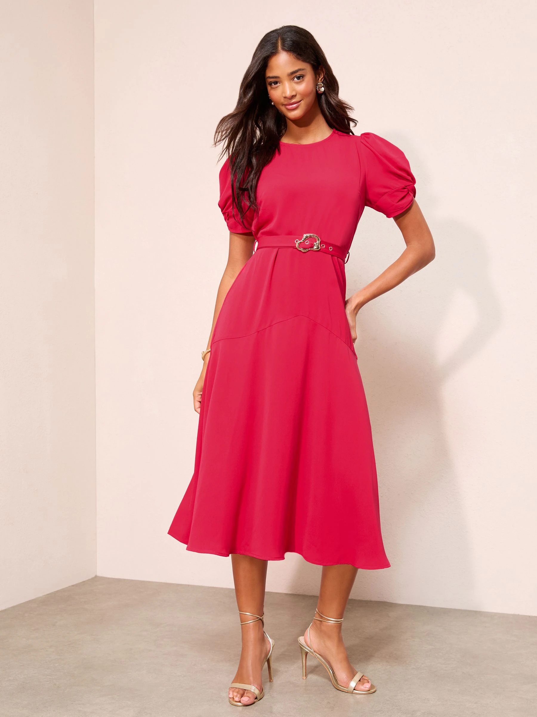 Friends Like These Berry Red Ruched Short Sleeve Belted Midi Dress