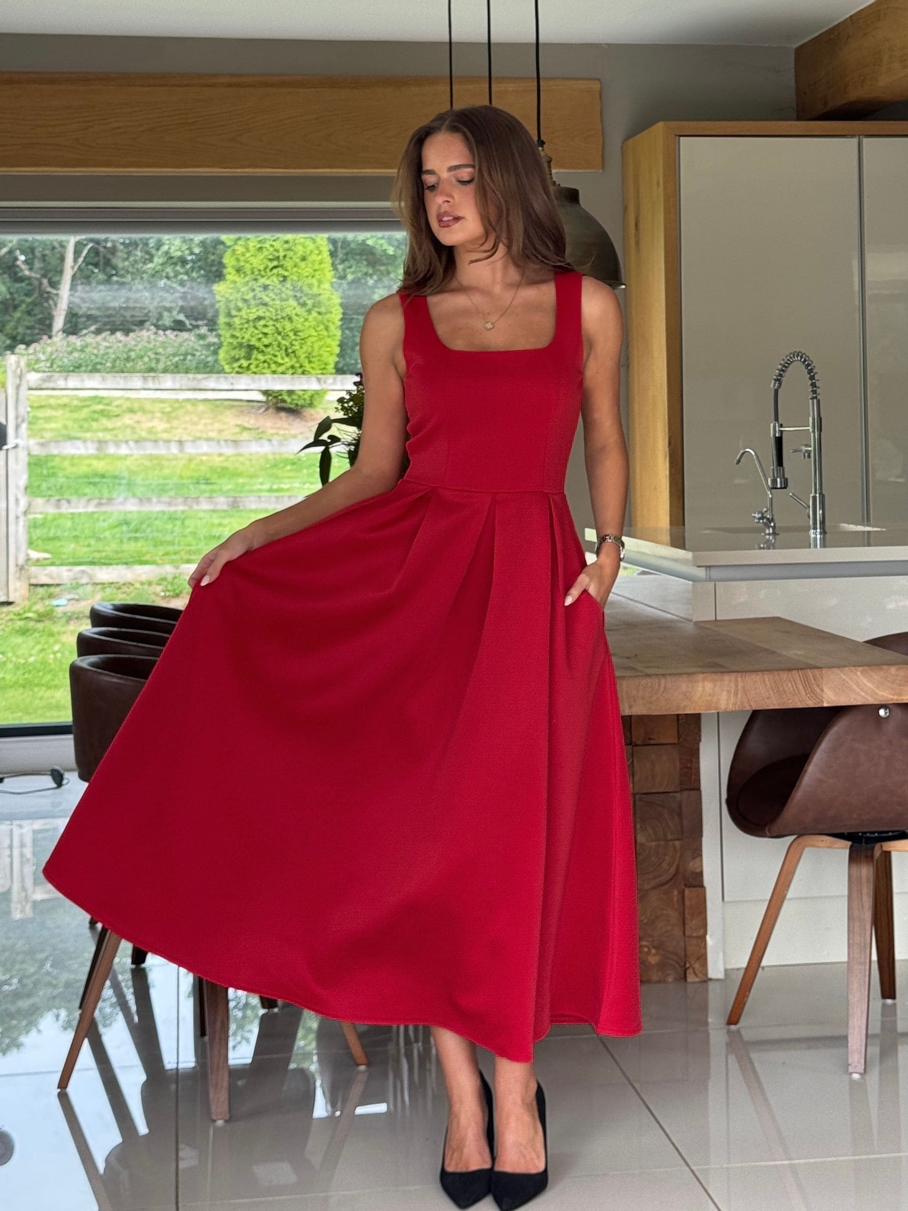 Girl In Mind Red Erica Square Neck Pleated Midi Dress