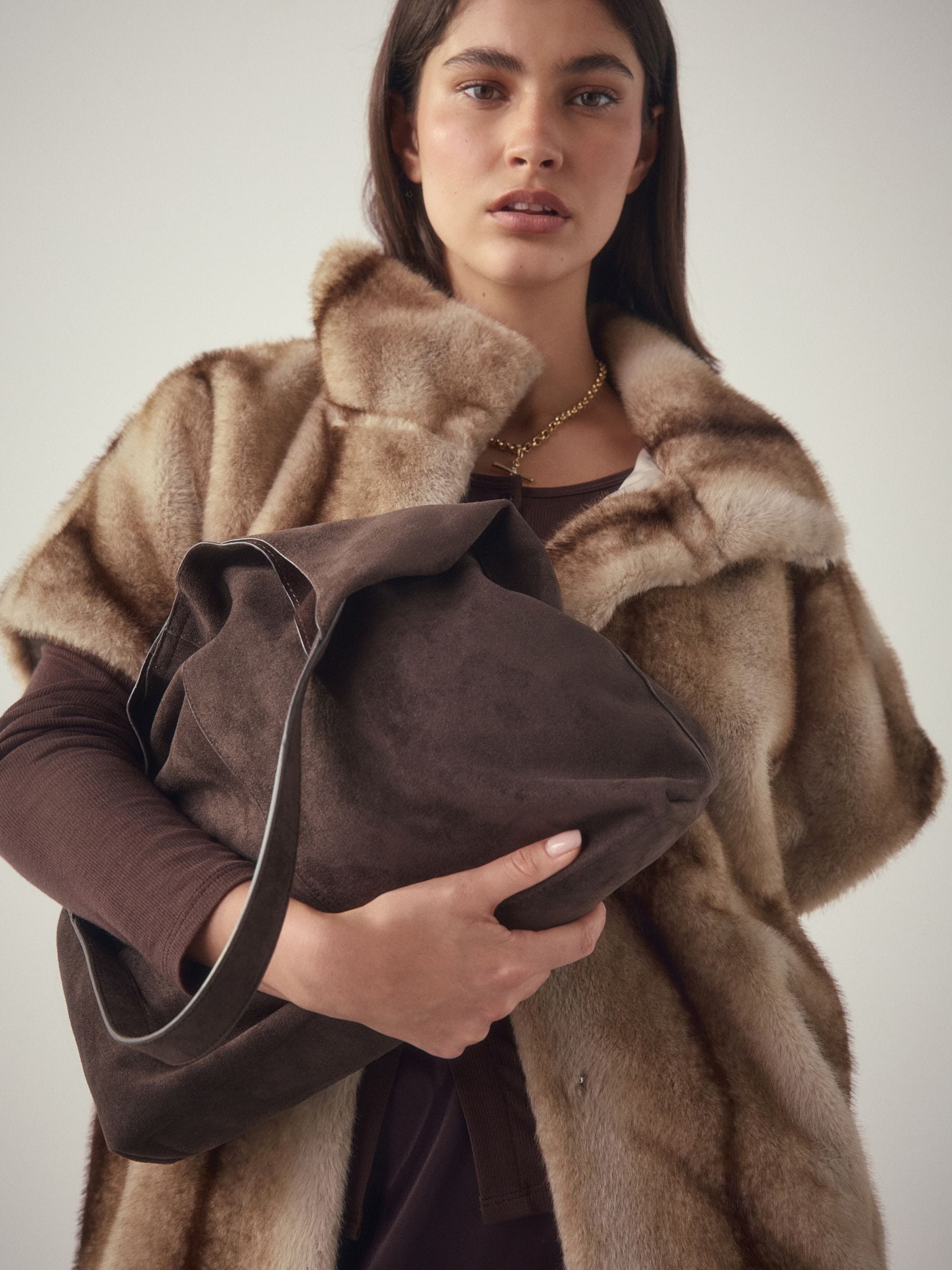 Chocolate Brown Faux Suede Slouchy Shoulder Bag