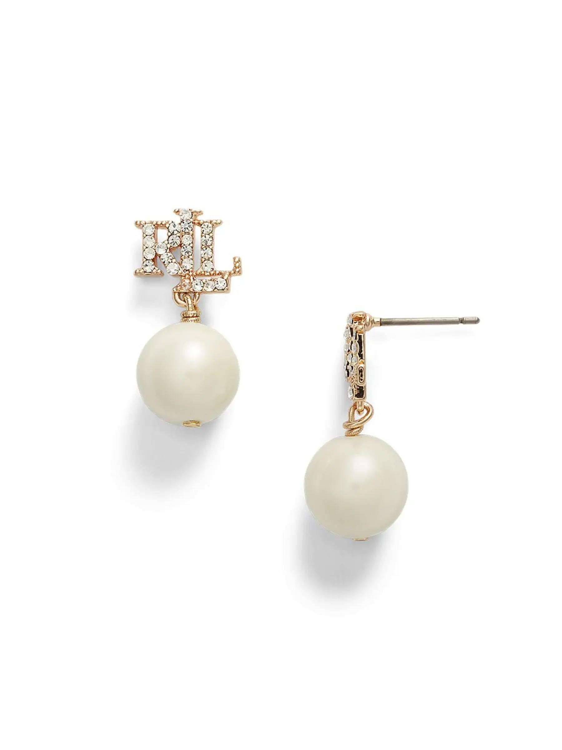 Lauren Ralph Lauren Gold Tone & Crystal Logo Faux Pearl Drop Earrings