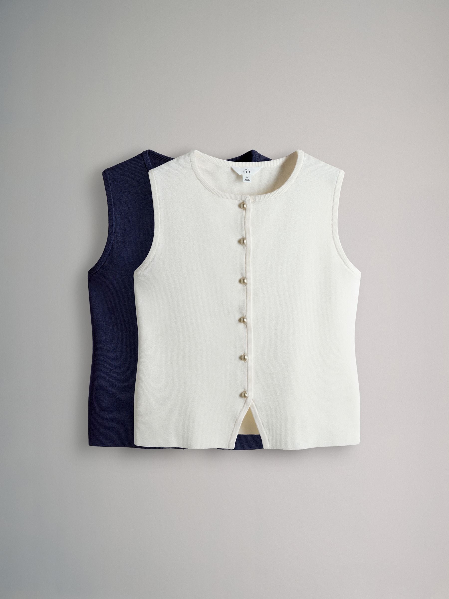 The Set 2 Pack Knitted Gold Button Vests Navy Blue/Ecru