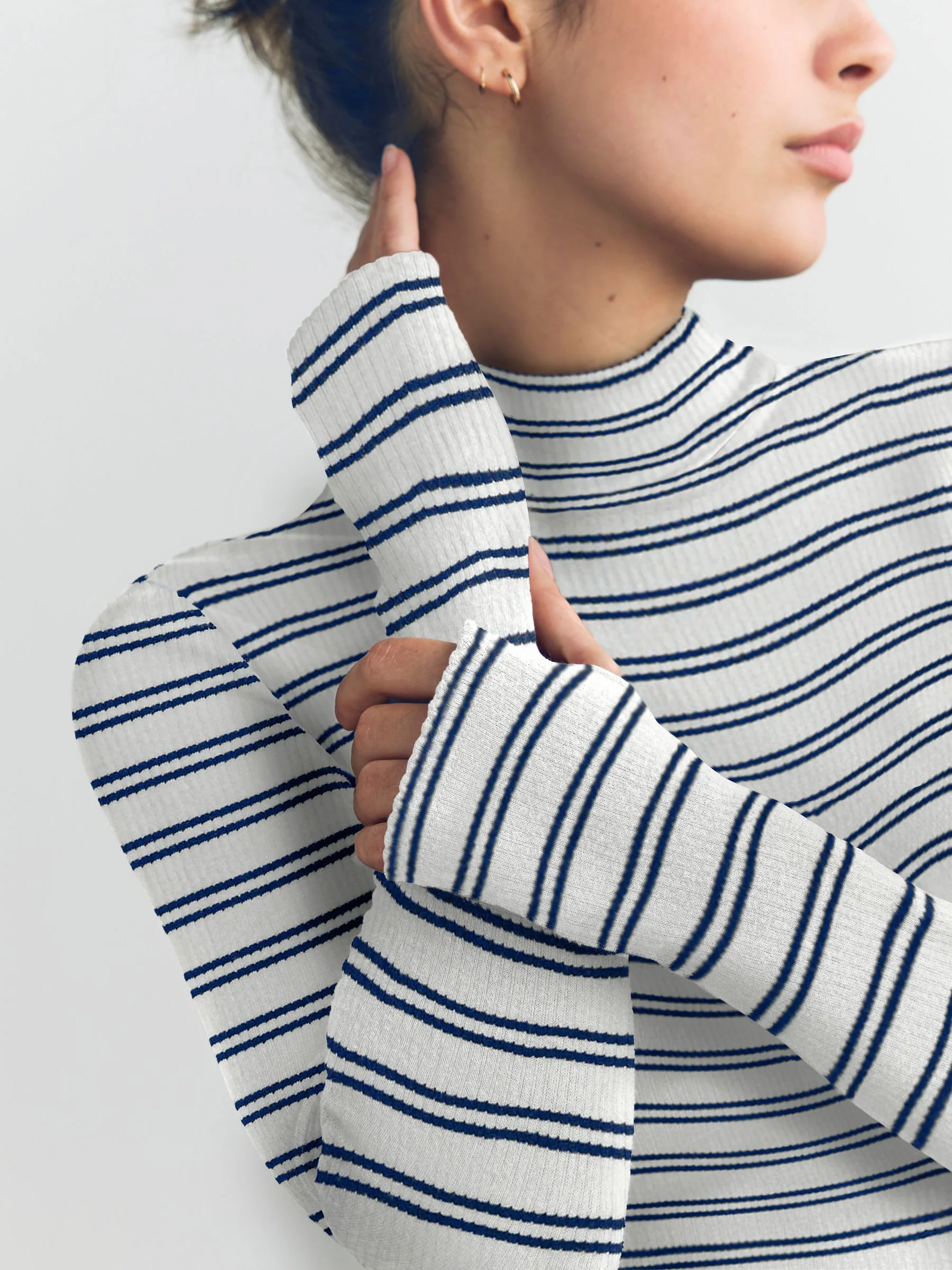 Navy/Cream Stripe Thermal Maximum Warmth Cosy Ribbed Roll Neck Top