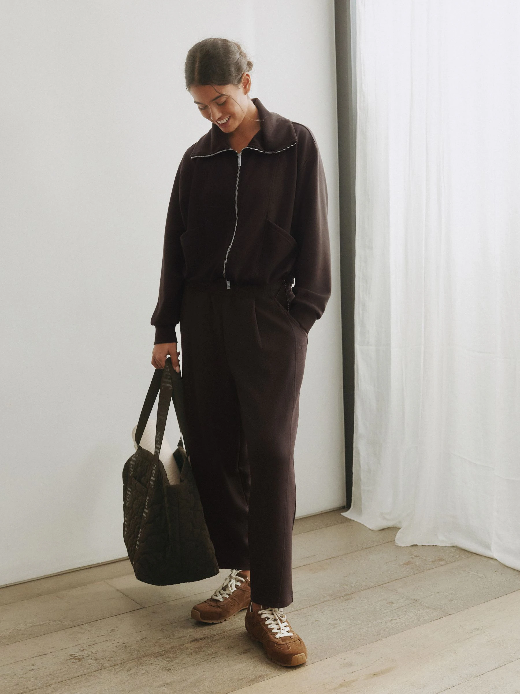 self. Chocolate Brown Full Zip Modal Jacket