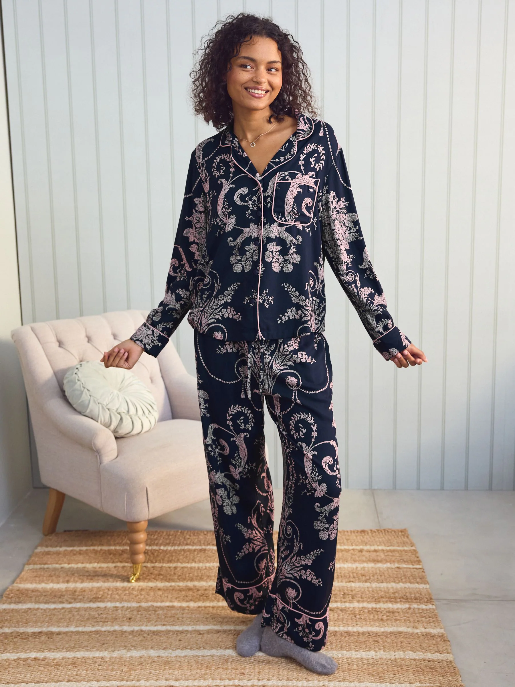 Laura Ashley Navy/Pink Josette Button Through Pyjamas