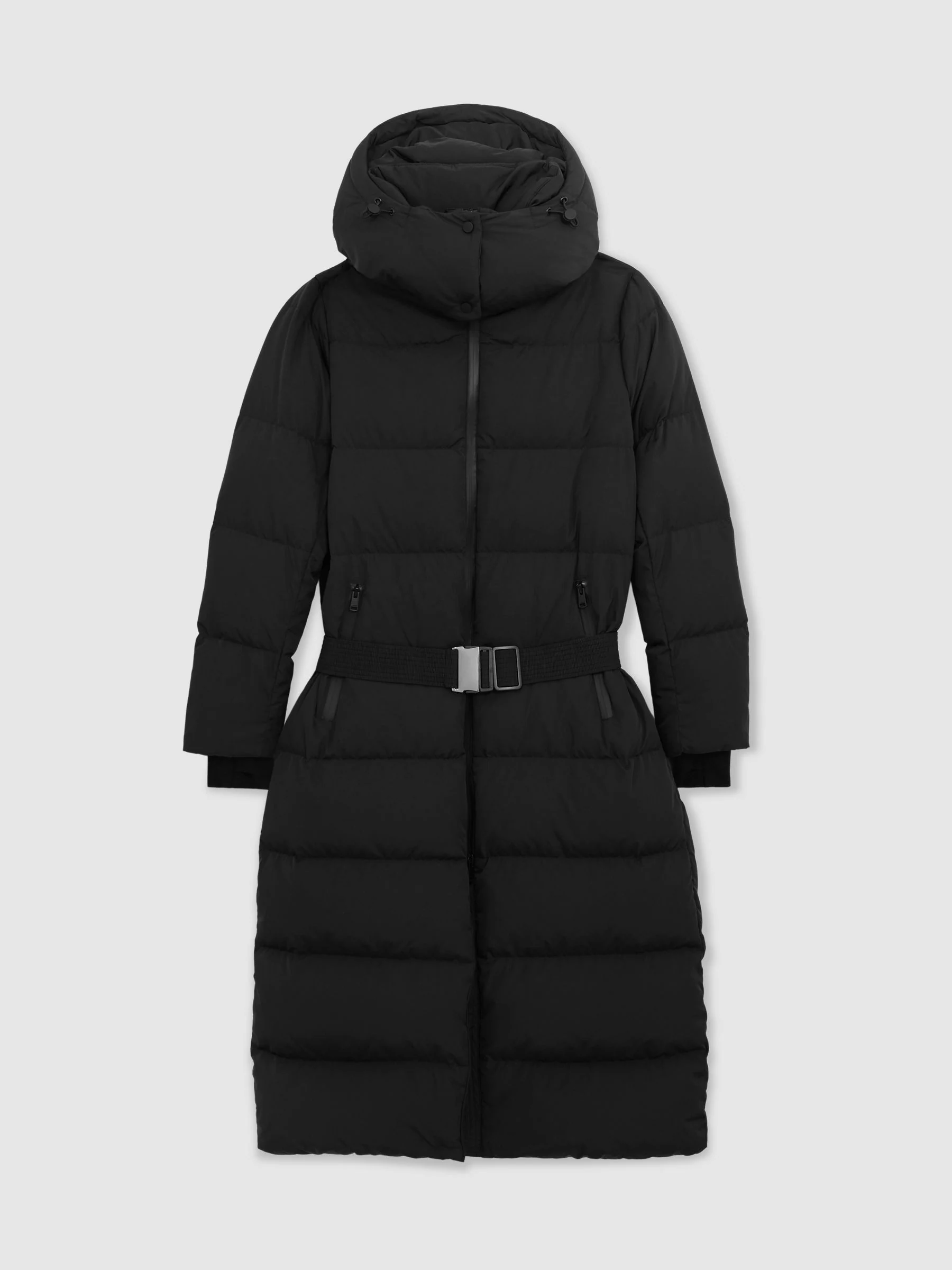 Reiss Black Colette Petite Belted Longline Hooded Puffer Coat
