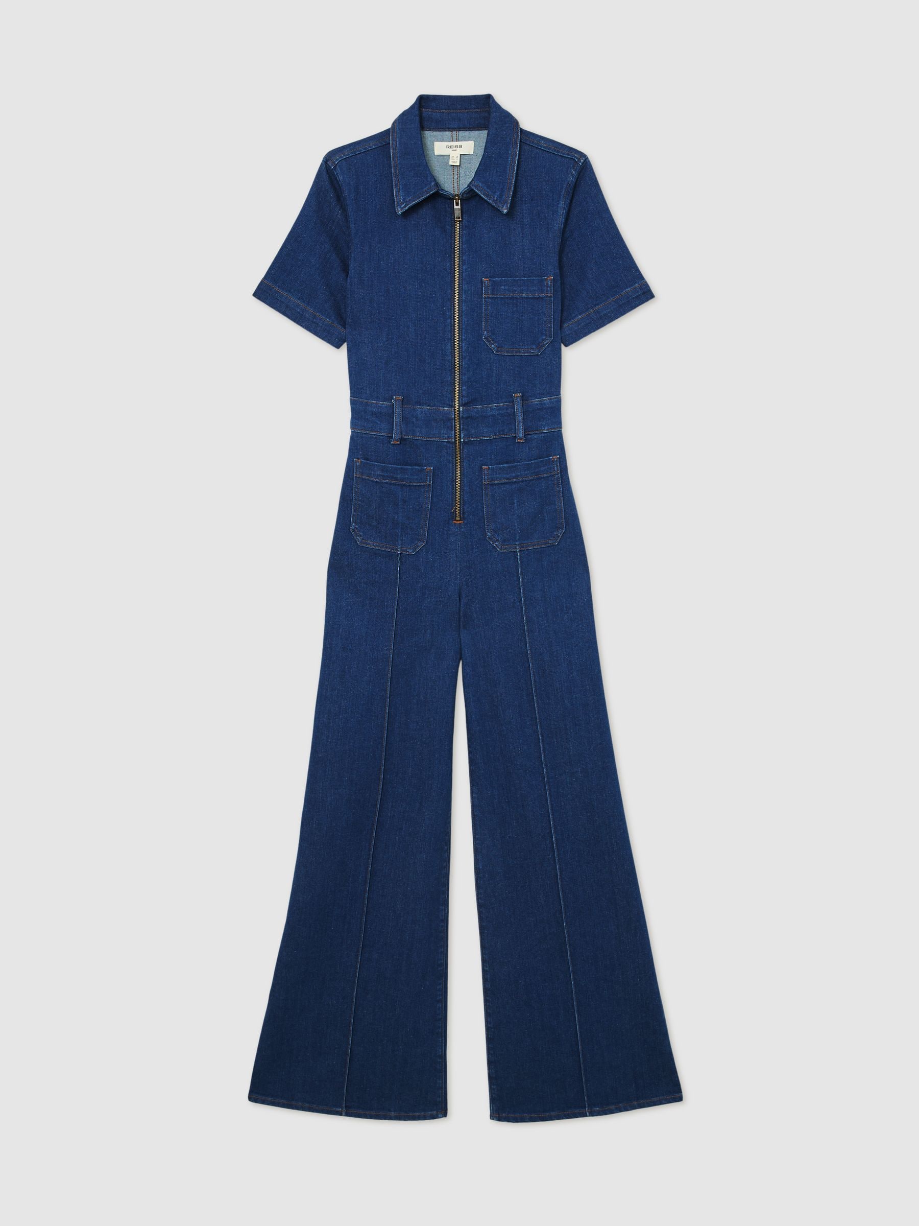 Reiss Indigo Blue Danie Wide-Leg Zip-Through Denim Jumpsuit