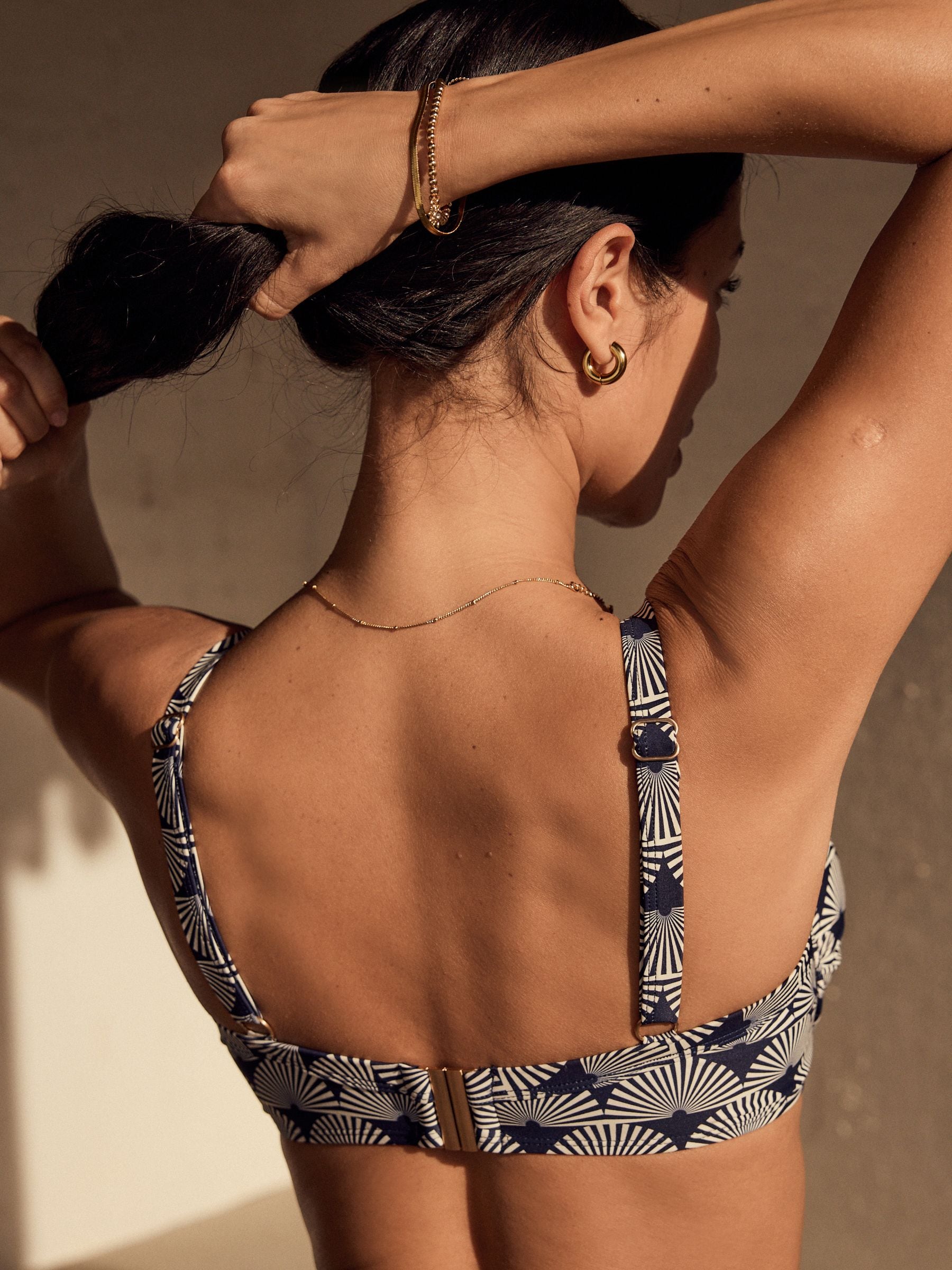 Navy/White Fan Print Shaping Padded Wired Bikini Top