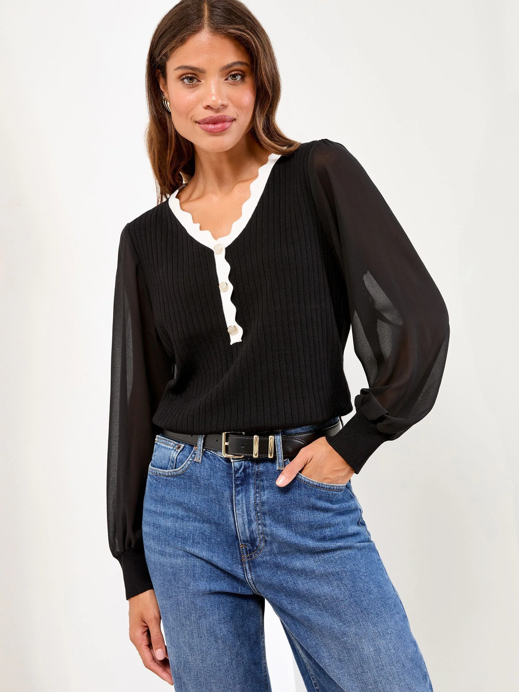 Lipsy Black Scallop Button Detail V-Neck Chiffon Sleeve Knitted Top