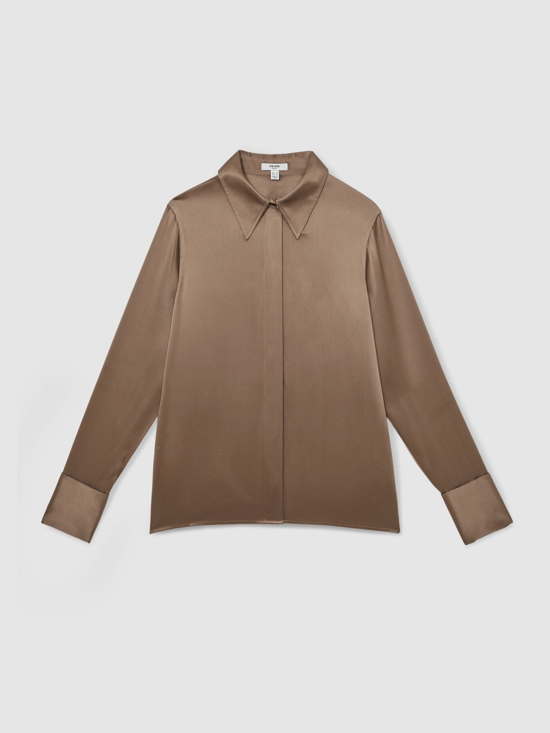 Reiss Taupe Brown Ameira Silk-Satin Concealed-Placket Shirt