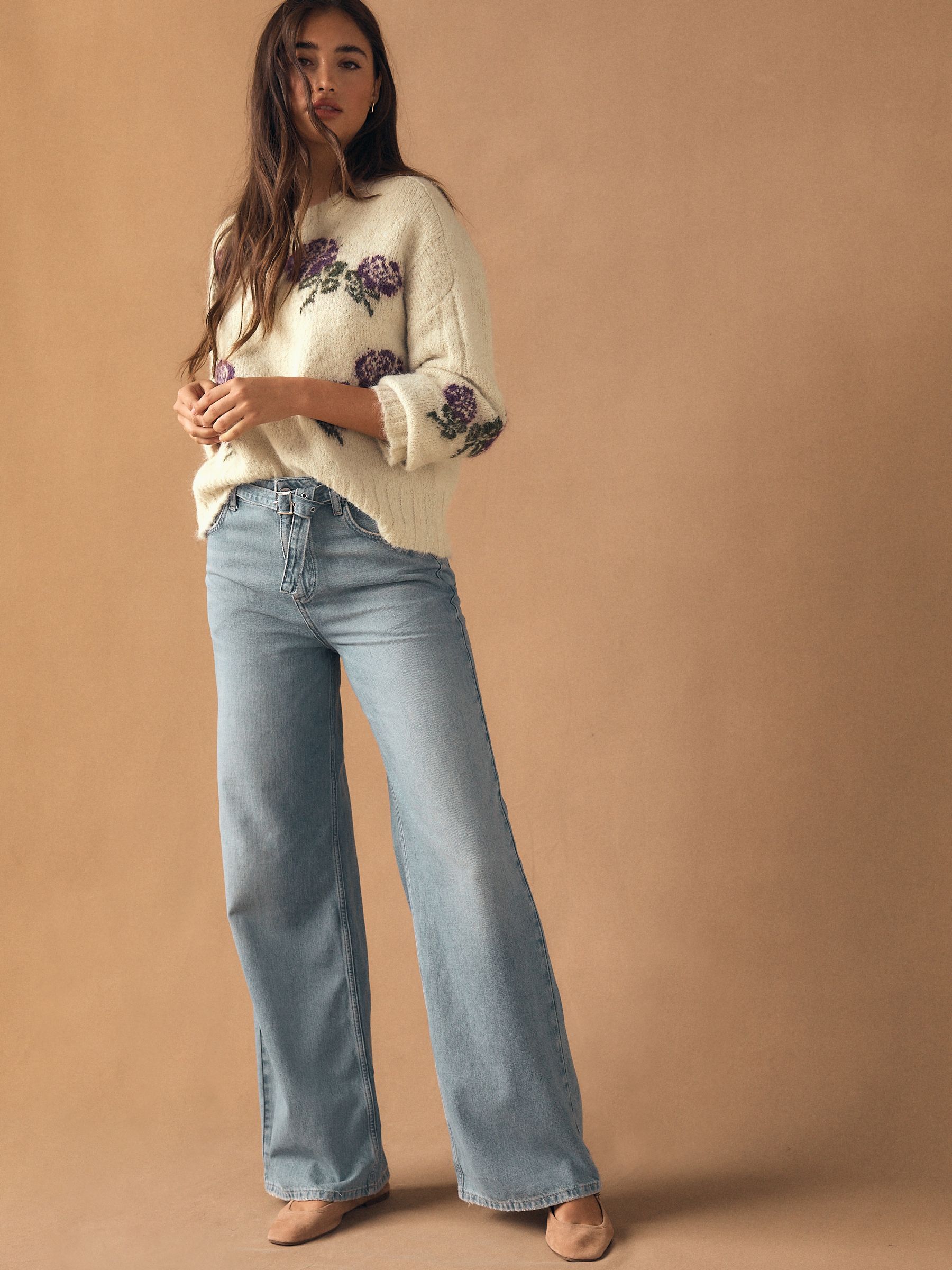 Ecru/Purple Floral Crew Neck Jumper With Wool