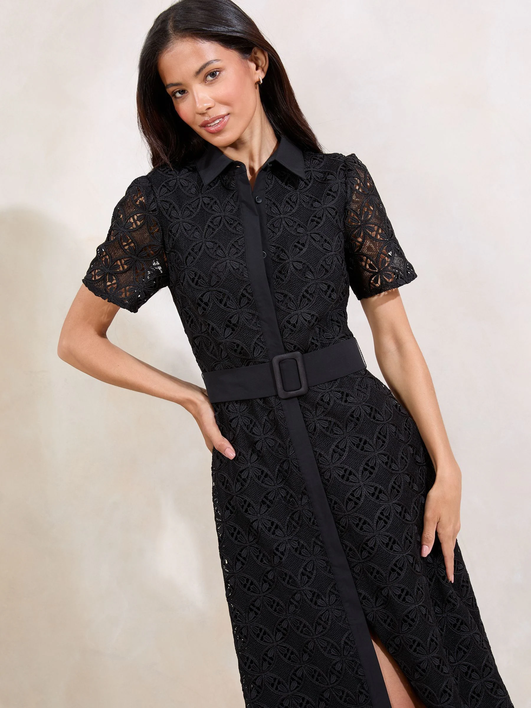 Lipsy Black Premium Lace Belted Shirt Dress