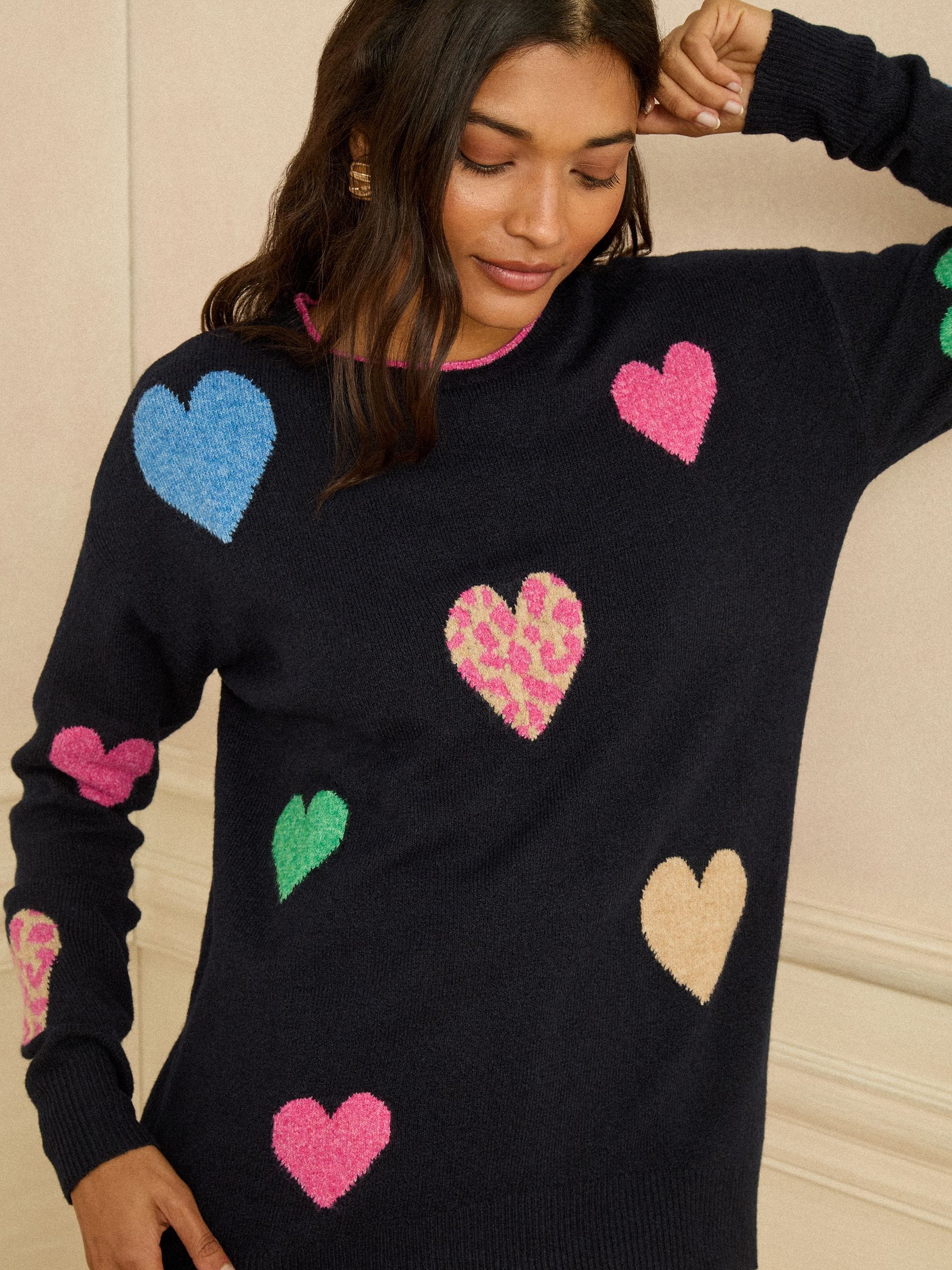 Love & Roses Navy Blue Multi Animal Heart Jumper