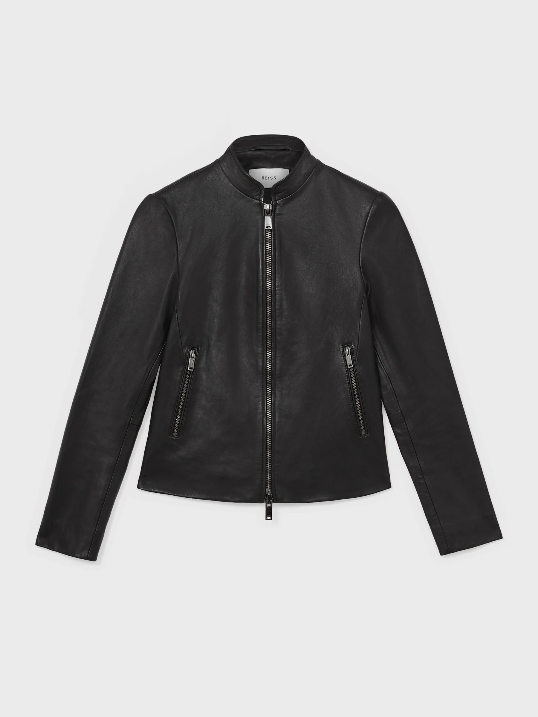 Reiss Black Allie Leather Collarless Biker Jacket