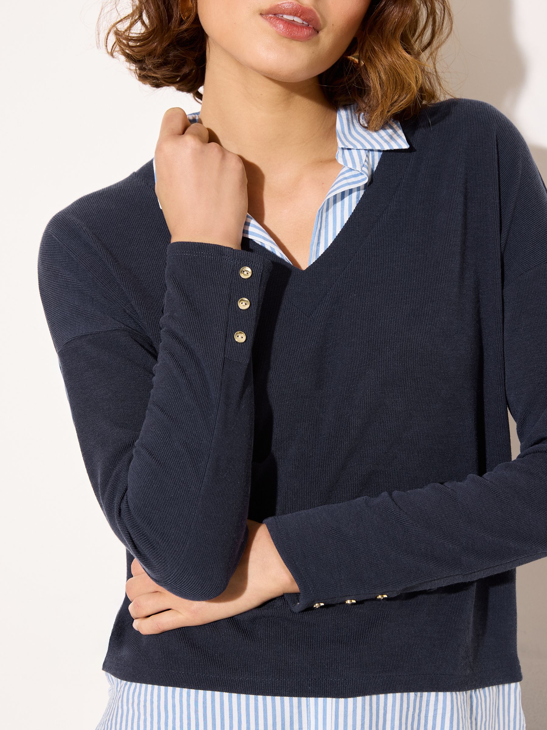 Friends Like These Navy 2 in1 Button Shoulder Poplin Jersey Jumper
