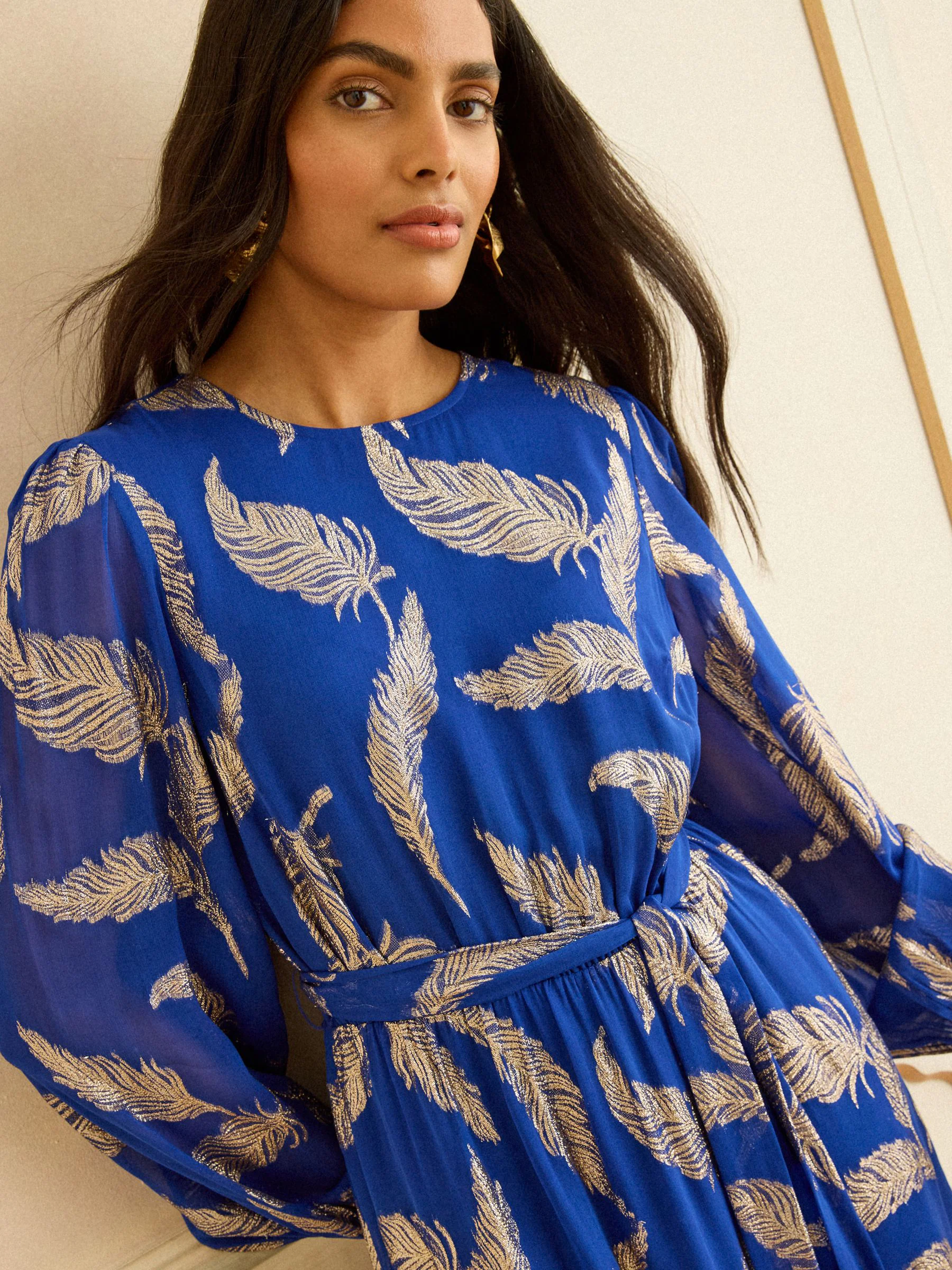 Love & Roses Cobalt Blue Metallic Feather Crew Neck Maxi Dress
