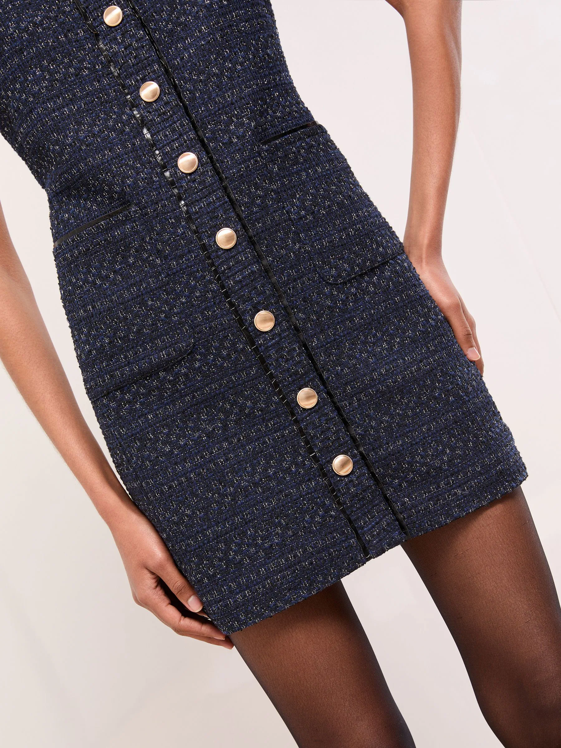 Lipsy Navy Boucle Button Through Short Sleeve Shift Dress