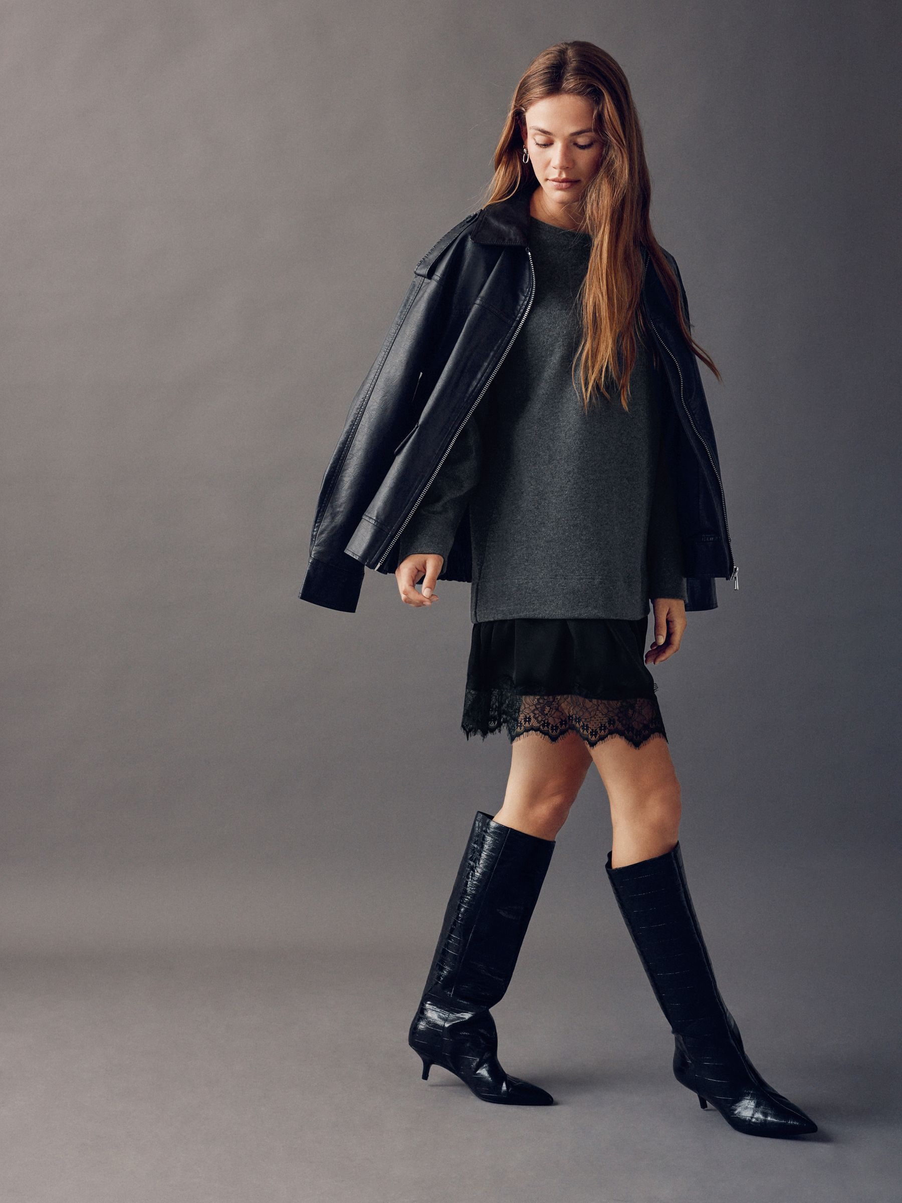 Charcoal Grey 2-In-1 Soft Touch Jumper Lace Skirt