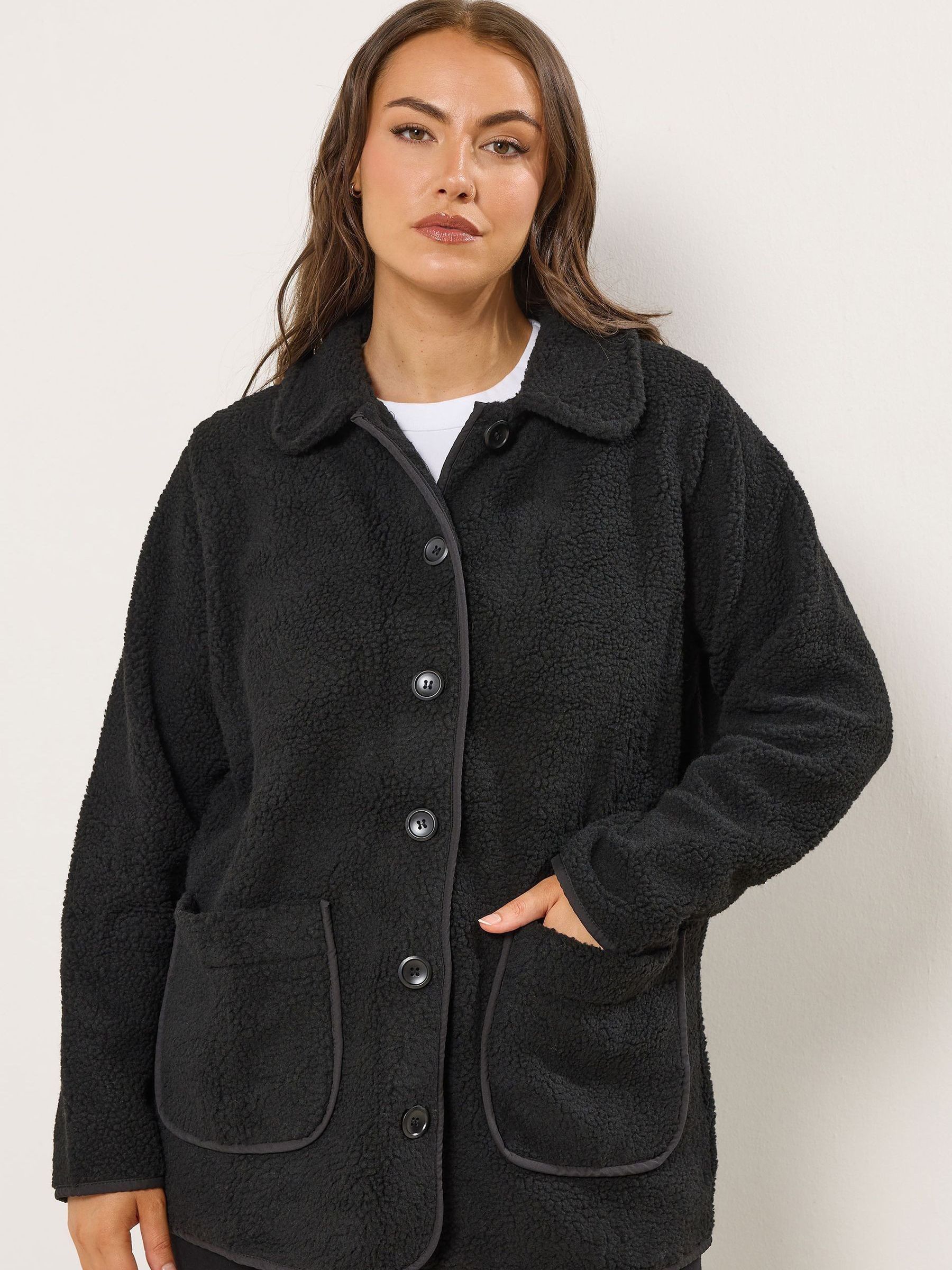 Yours Curve Black Button Front Teddy Fleece