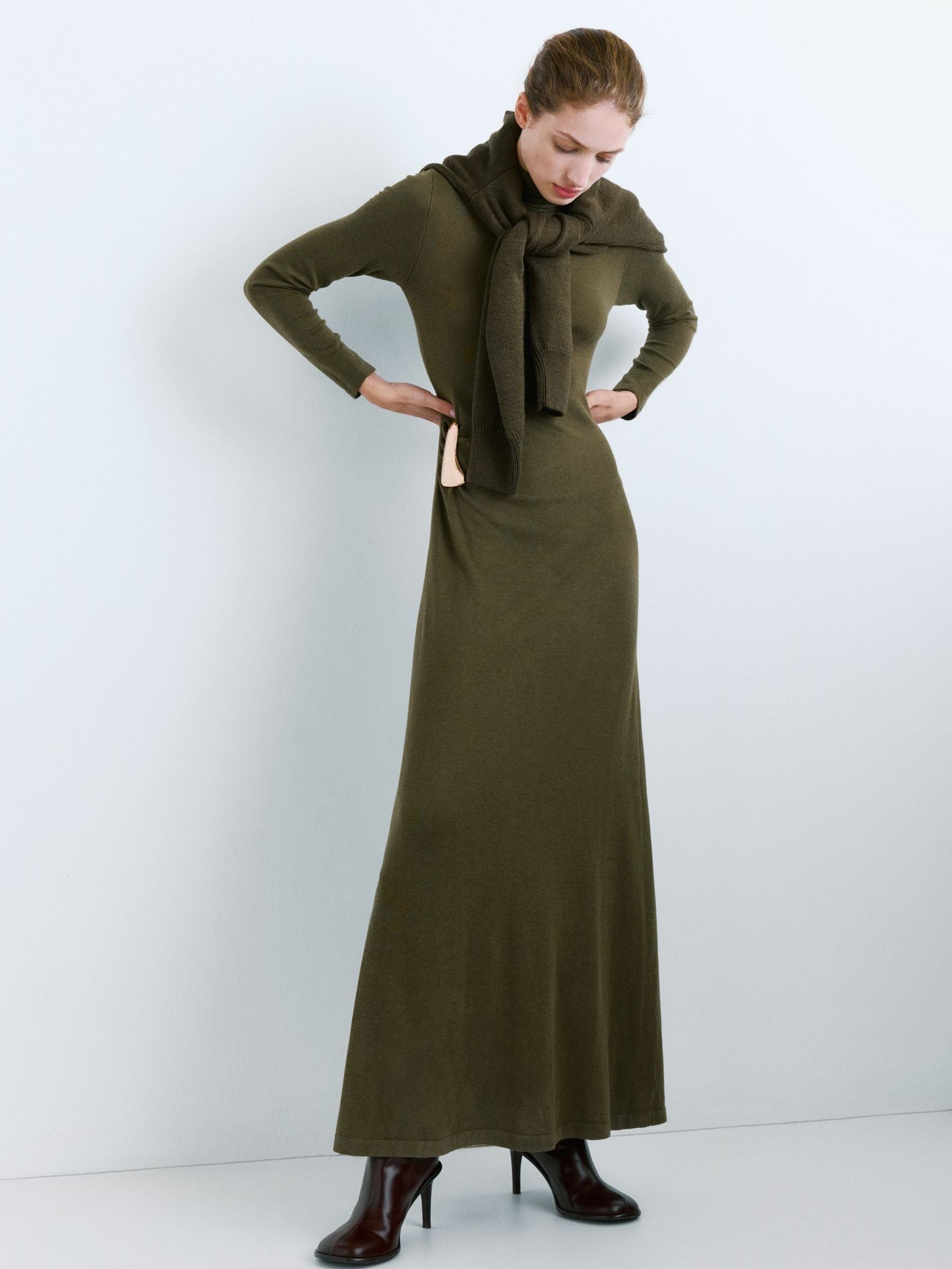 Mango Green Knitted Gold Hardwear Detail Maxi Dress