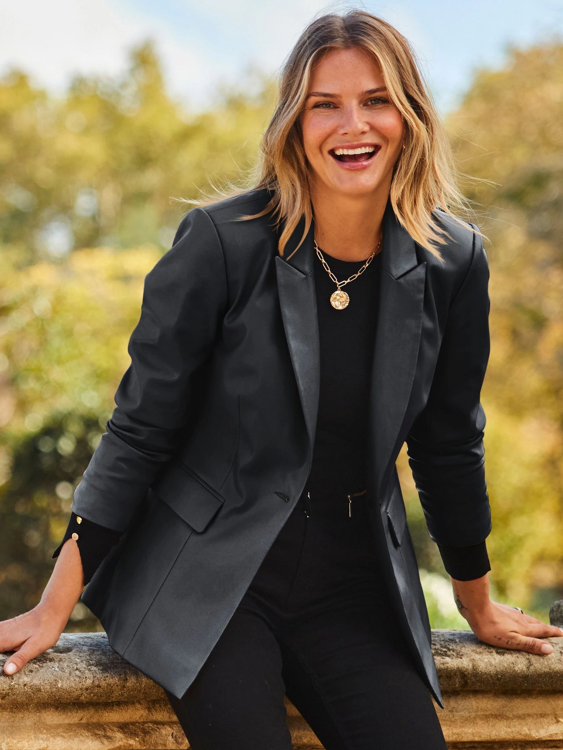 Sosandar Black Premium Faux Leather Blazer