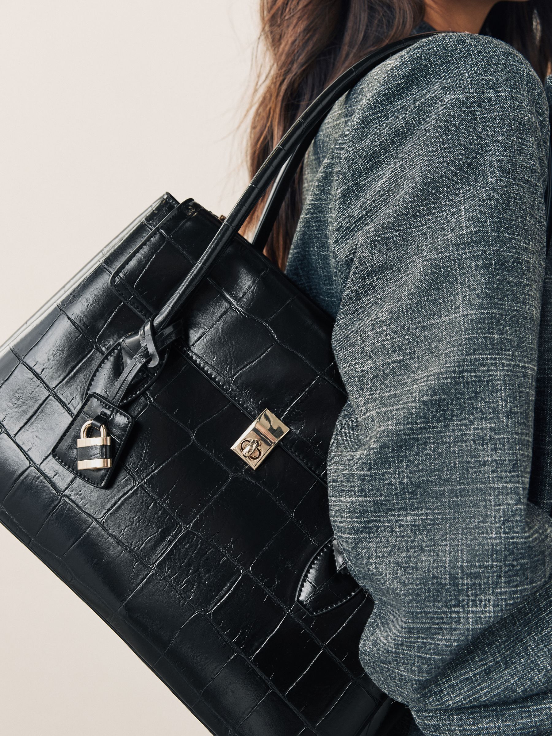 Black Croc Effect Shoulder Bag