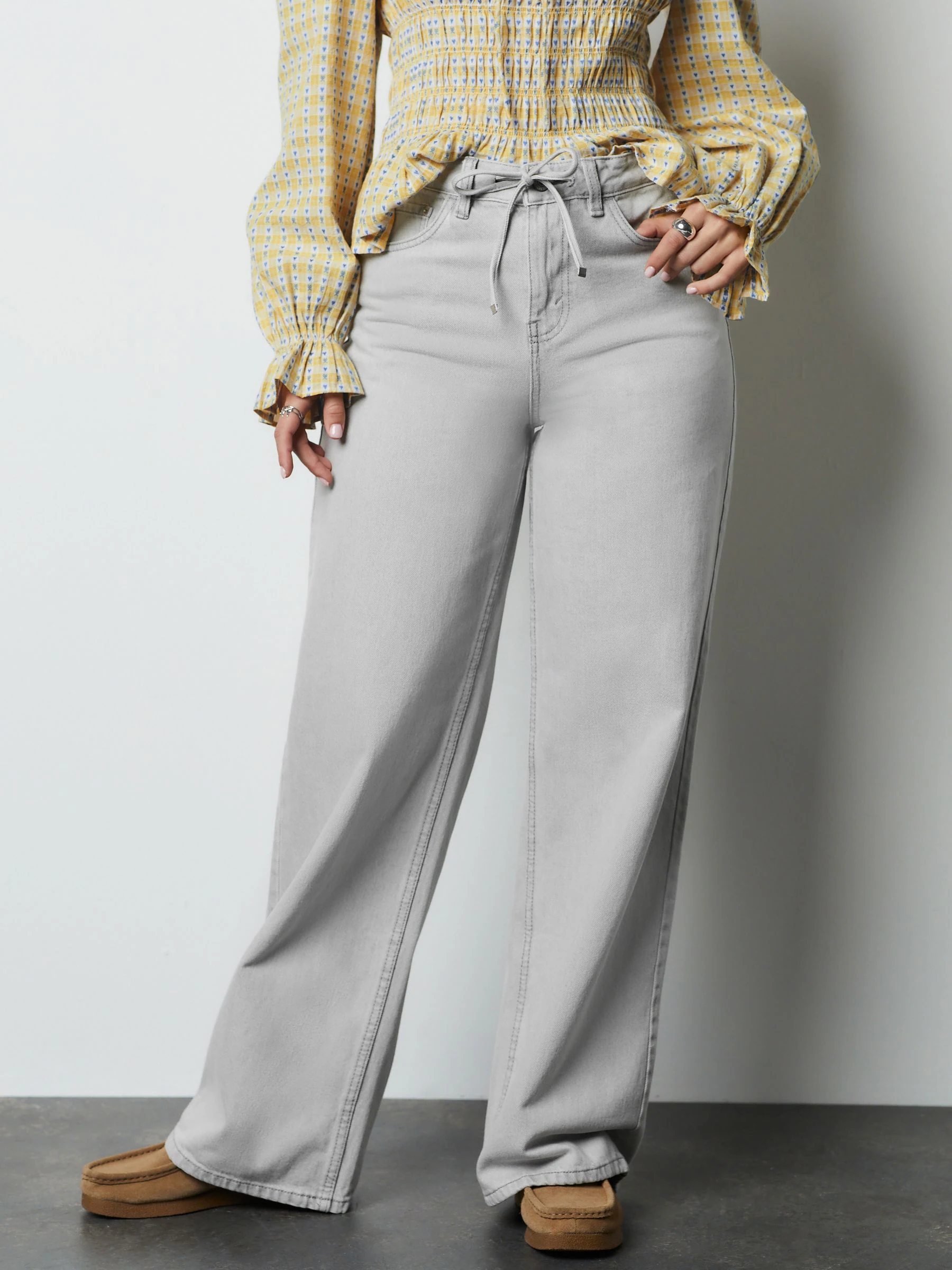 Grey Denim Wide Leg Joggers Waist Jeans