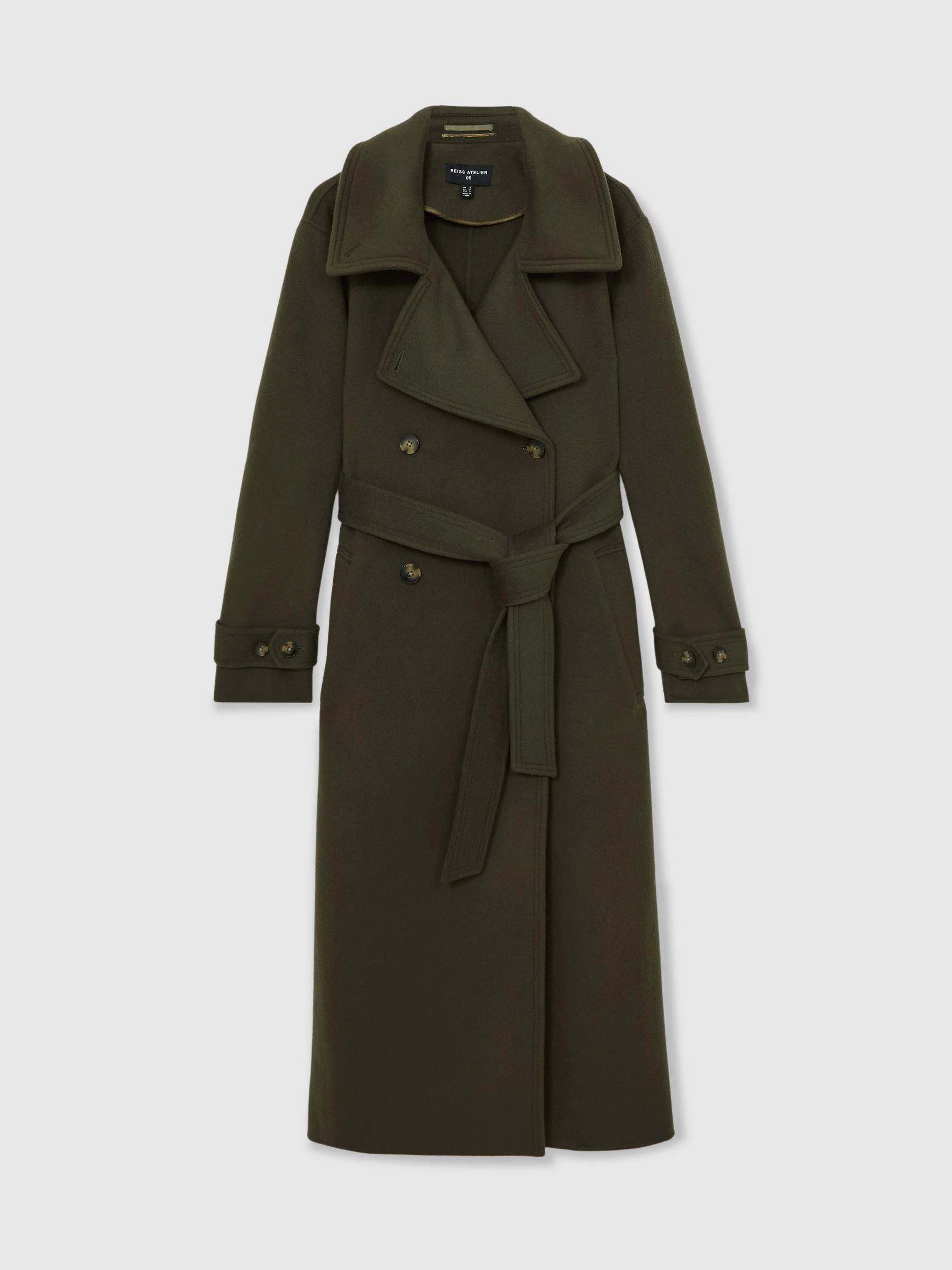 Reiss Khaki Scarlett Atelier Wool Belted Blindseam Coat