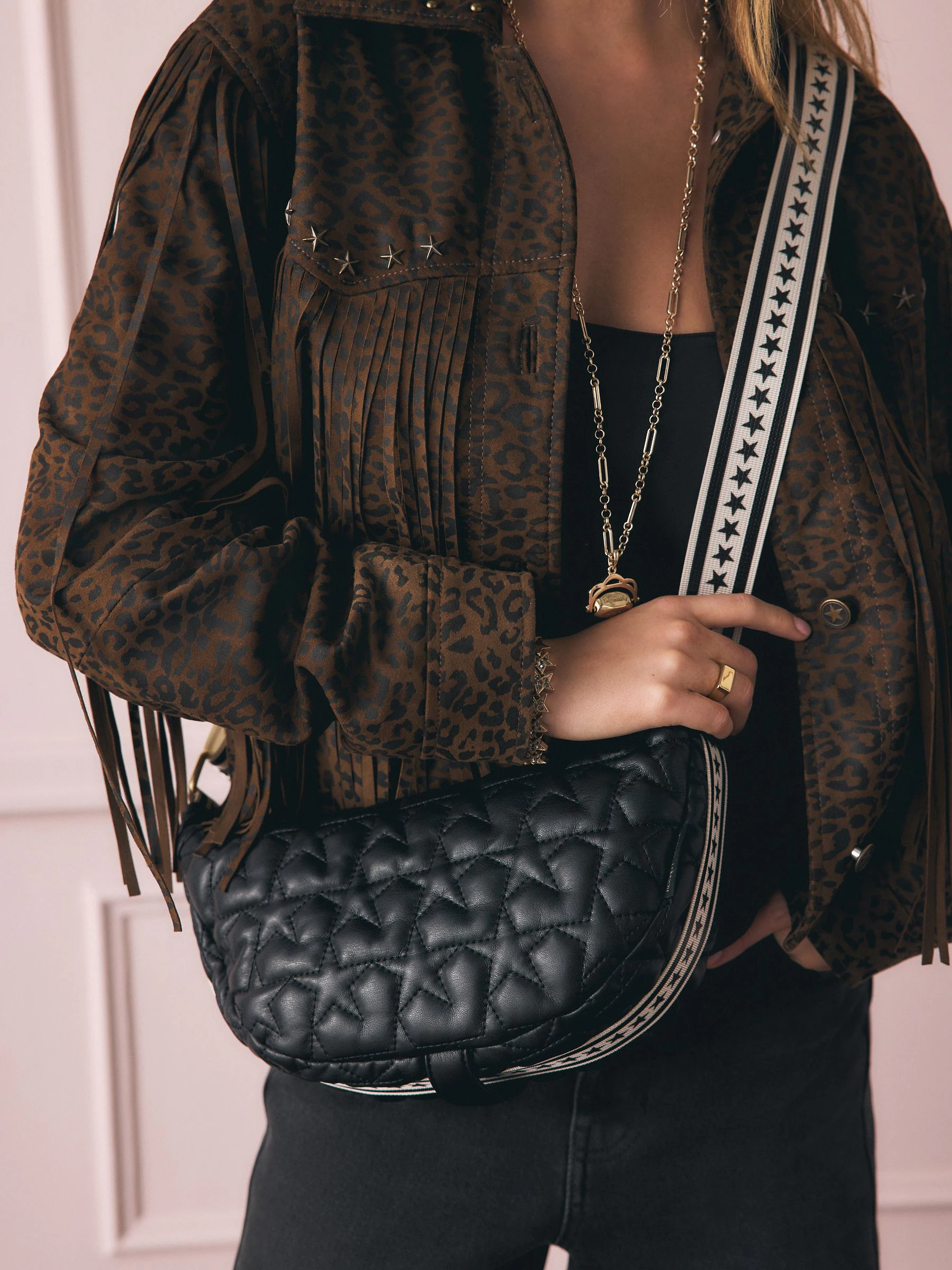 Rockett St George Black Quilted Cross-Body Bag with Star Strap