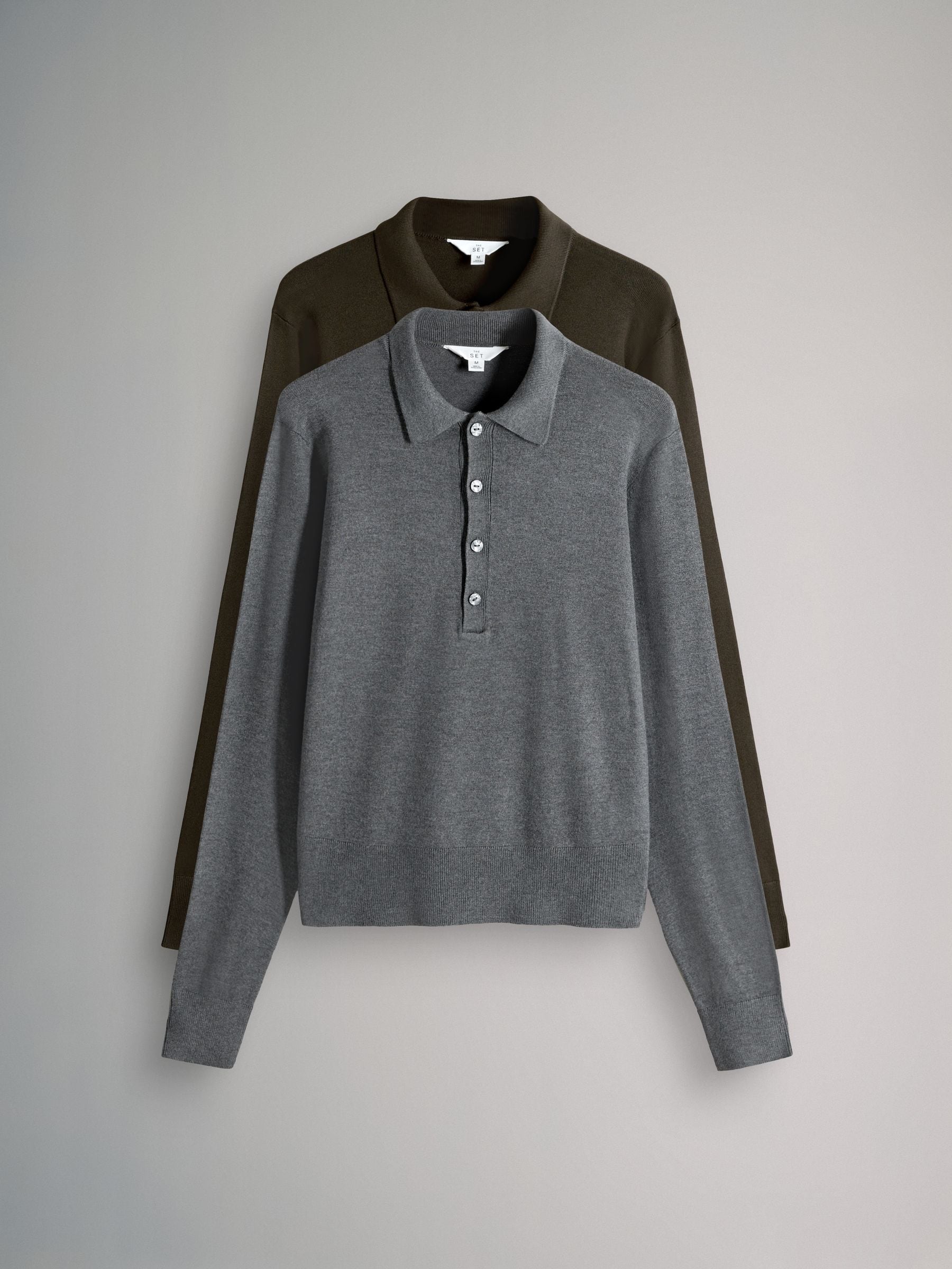 The Set 2 Pack Fine Knit Collared Polo Jumpers Chocolate Brown/Grey Marl