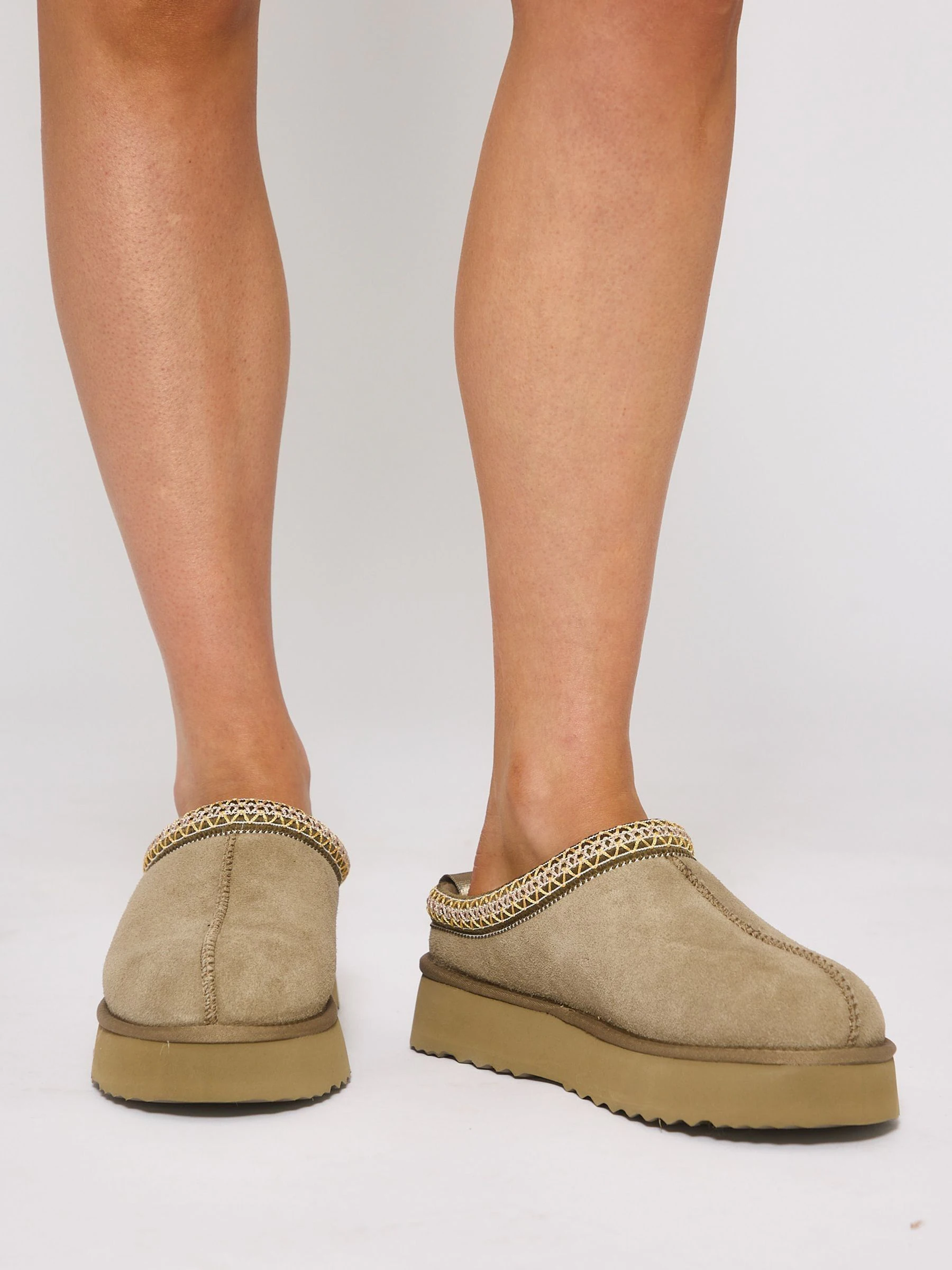 Loungeable Beige Platform Real Sheepskin Lined Braided Mules