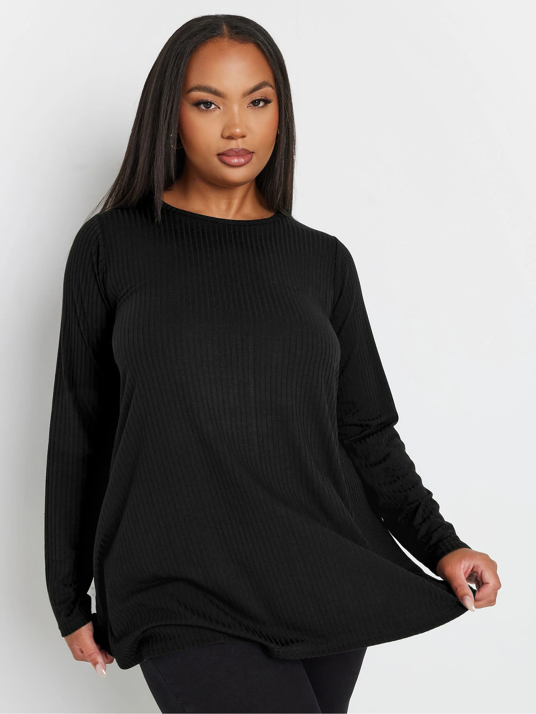 Yours Curve Black Long Sleeve Ribbed Swing Top