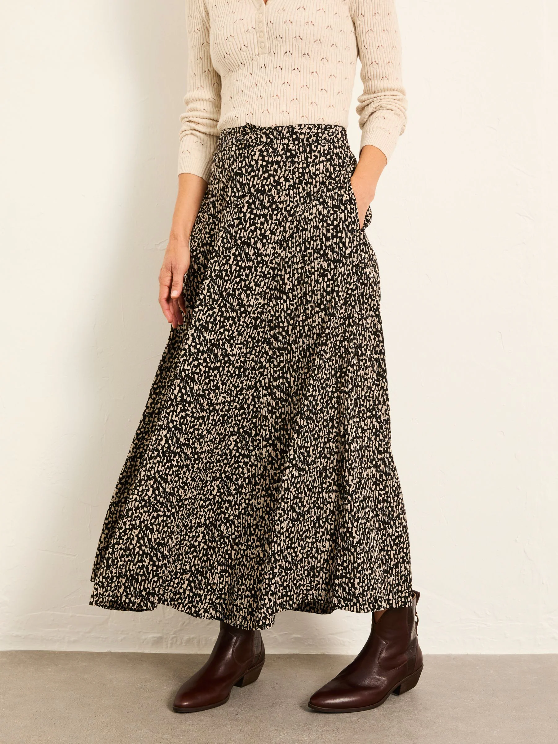 FatFace Issa Black Mono Texture Midi Skirt