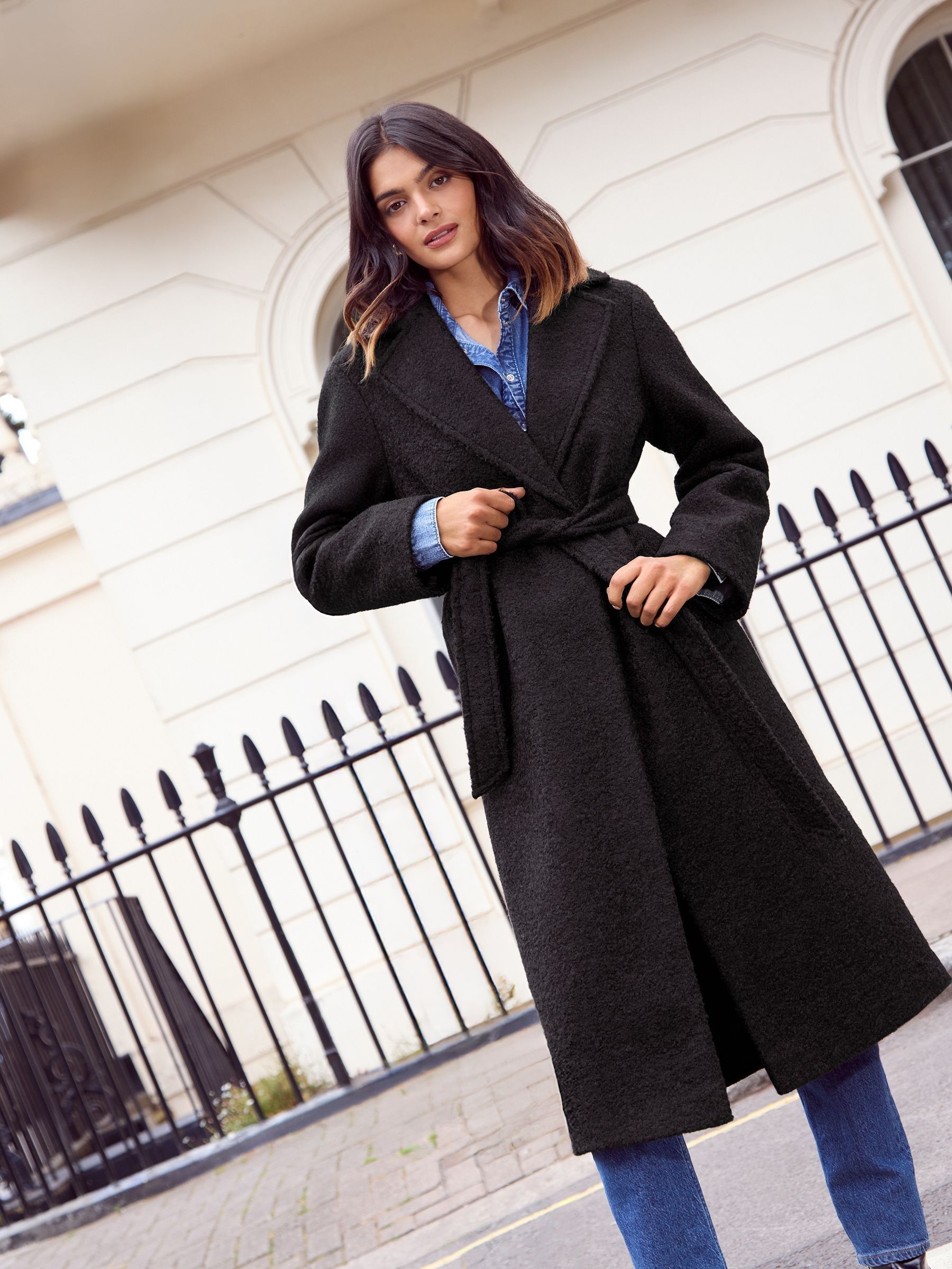 Friends Like These Black Wrap Belted Boucle Textured Midi Coat