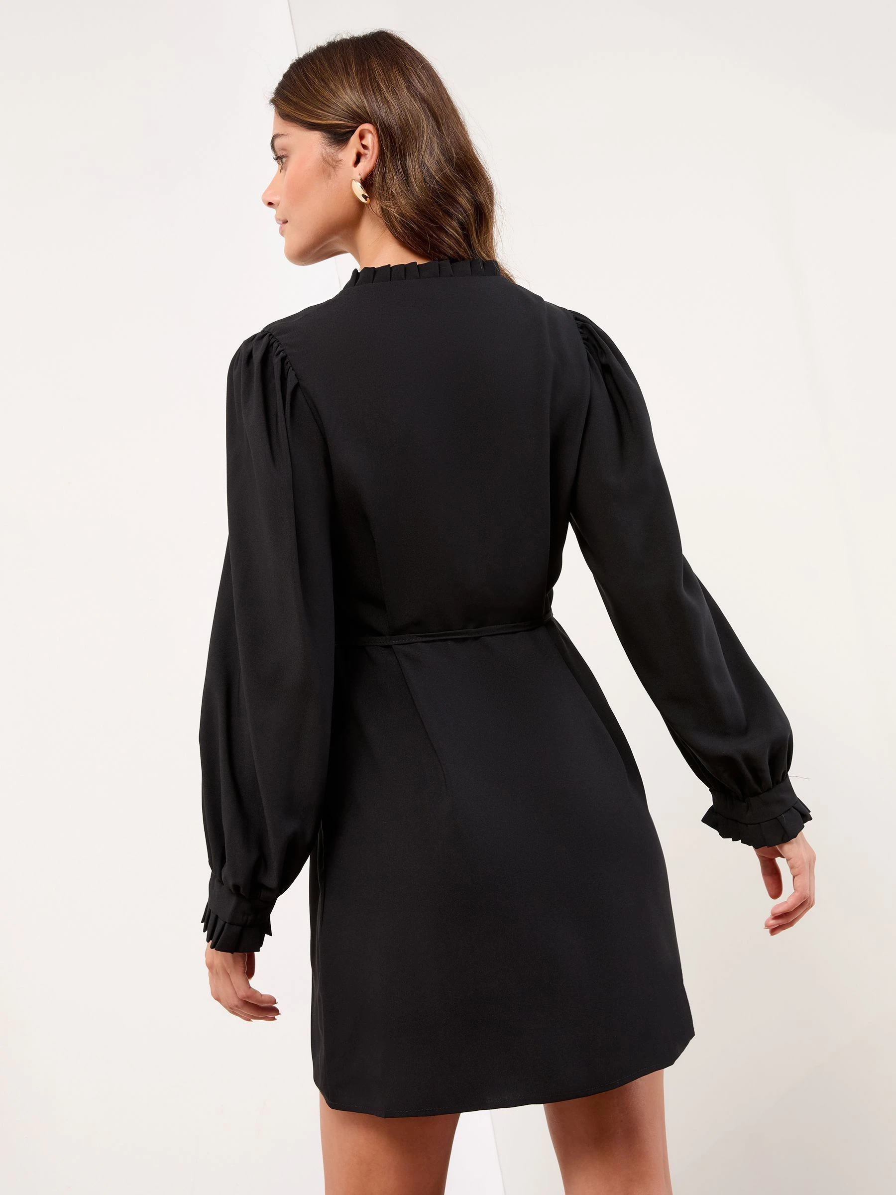 Lipsy Black Mini Notch Neck Long Sleeve Frill Detail Dress