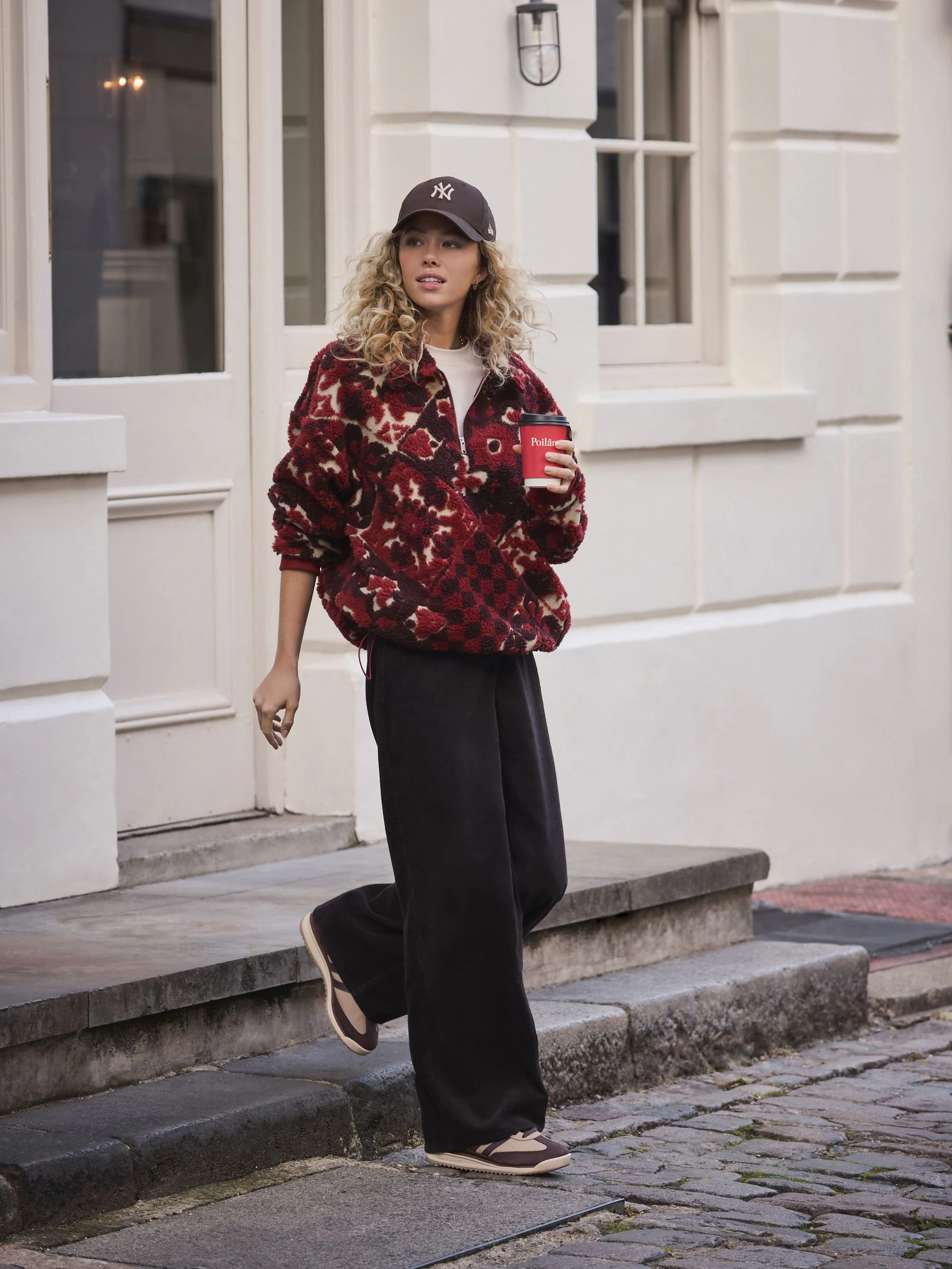 Burgundy Red Floral Jacquard Teddy Borg Quarter Zip Fleece Sweatshirt