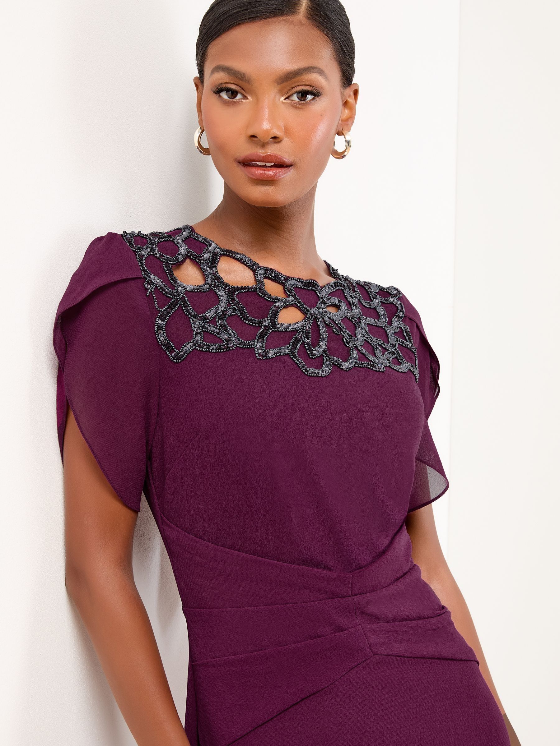 Lipsy Burgundy Red Embellished Cut Out Short Sleeve Pleated Fit And Flare Midi Dress