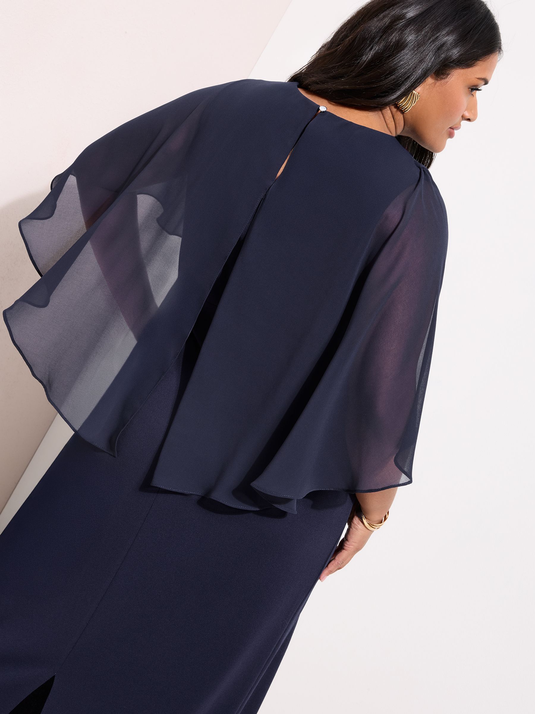 Friends Like These Navy Curve Asymmetric Chiffon Cape Scuba Midi Dress