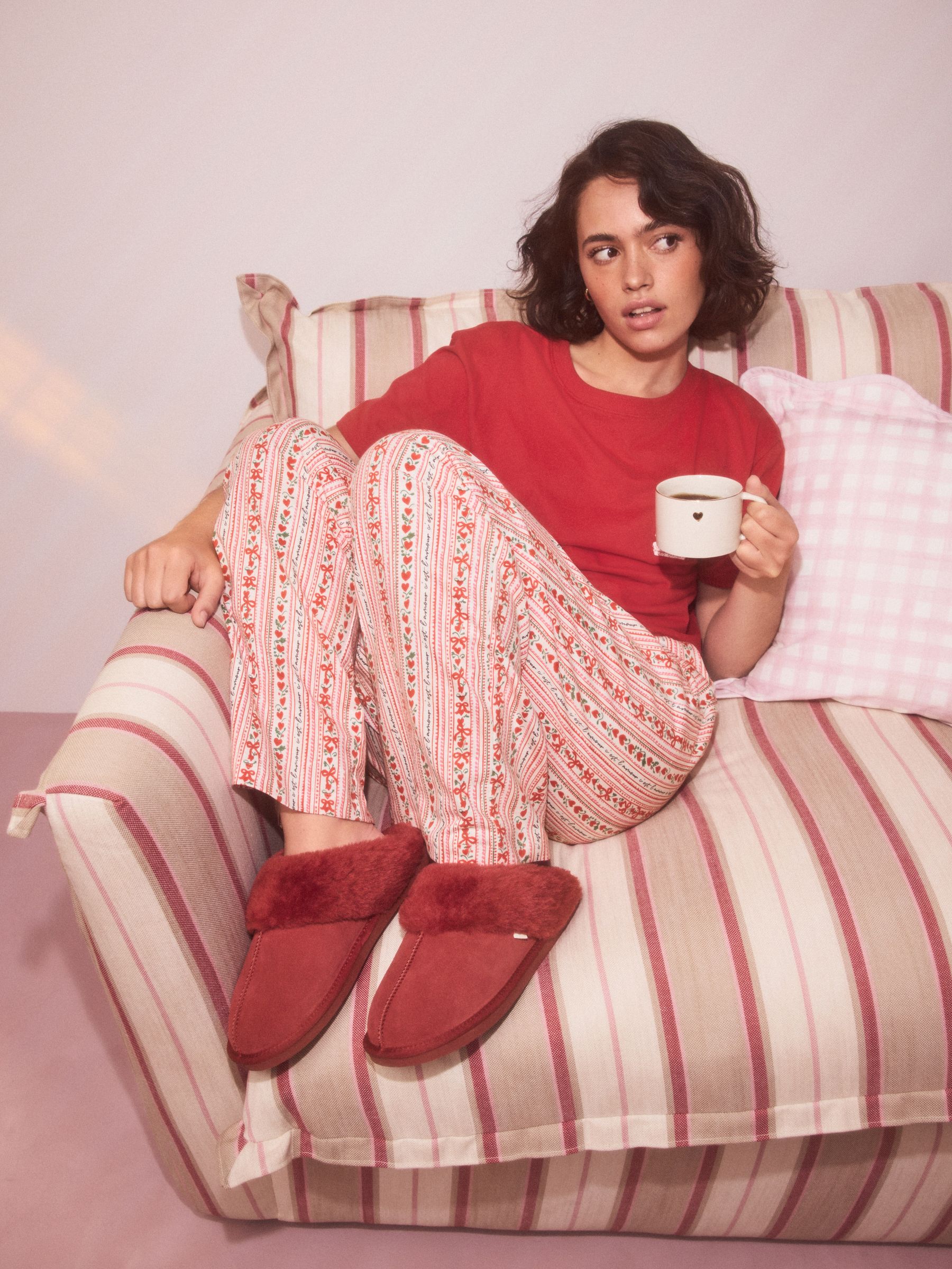 Red Faux Fur Lined Suede Mule Slippers