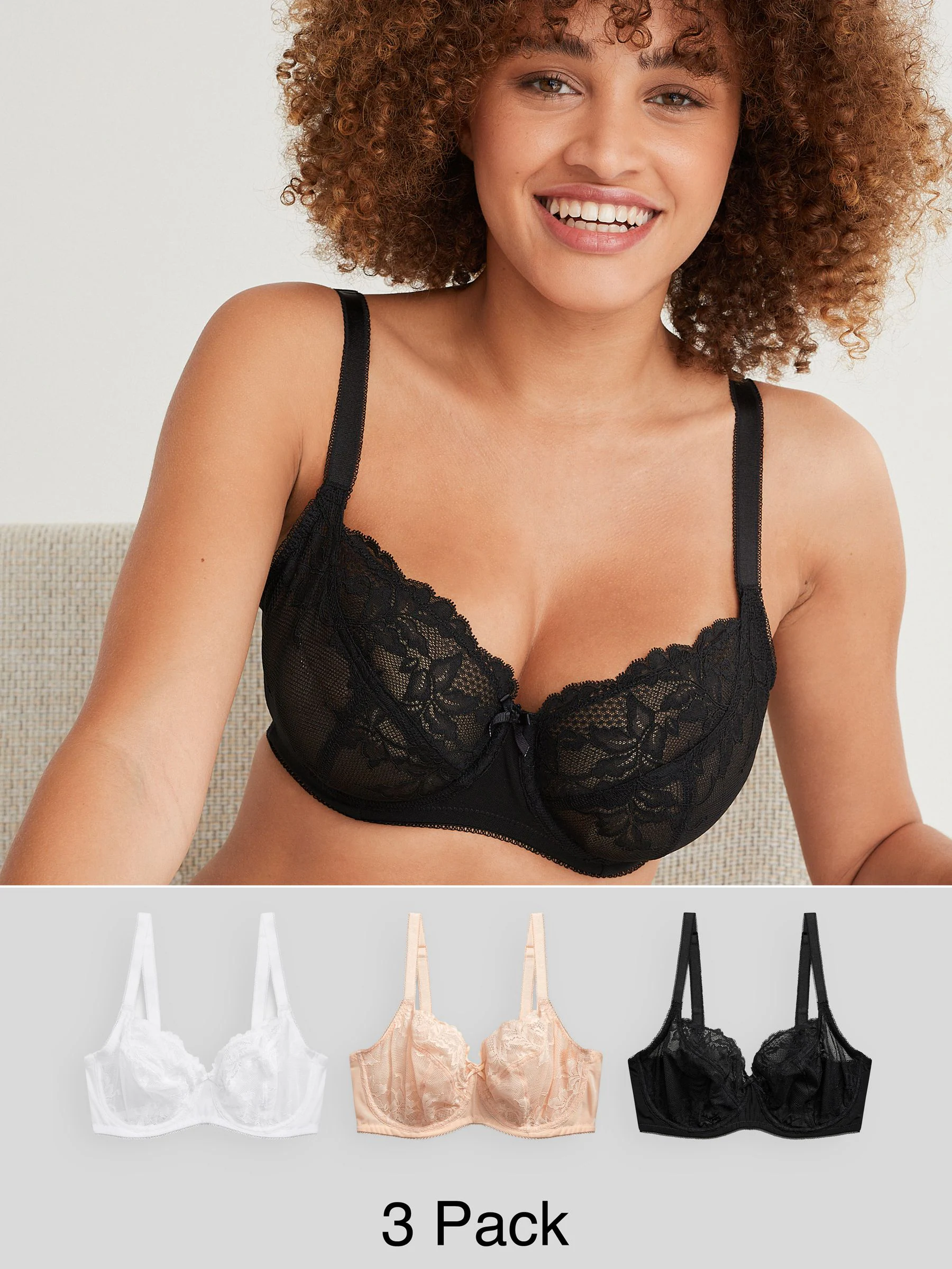 Black/White/Praline Nude Non Pad Balcony DD+ Lace Bras 3 Pack