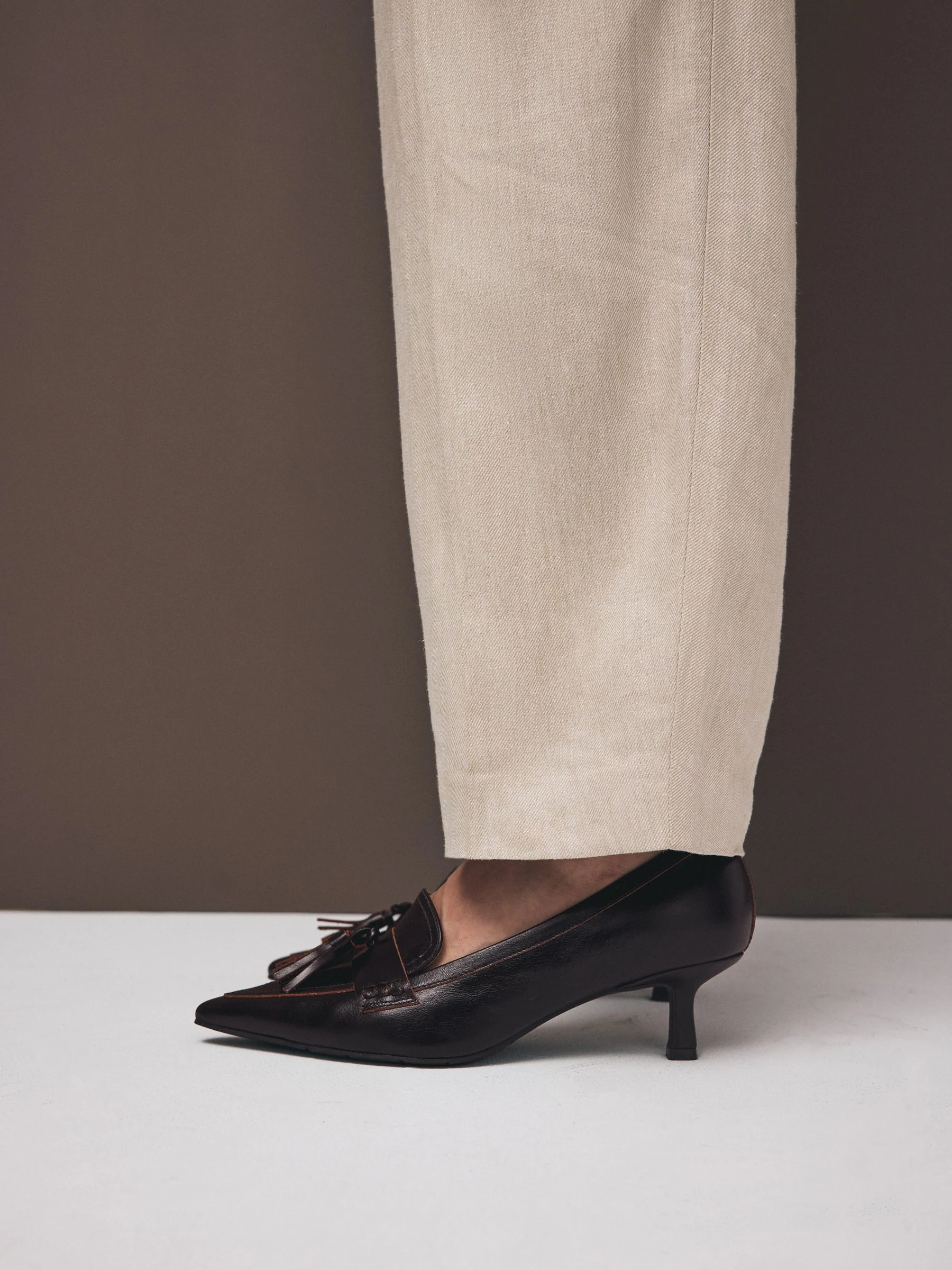 Choc Brown Premium Leather With Motionflex Point Toe Tassel Heels Loafers