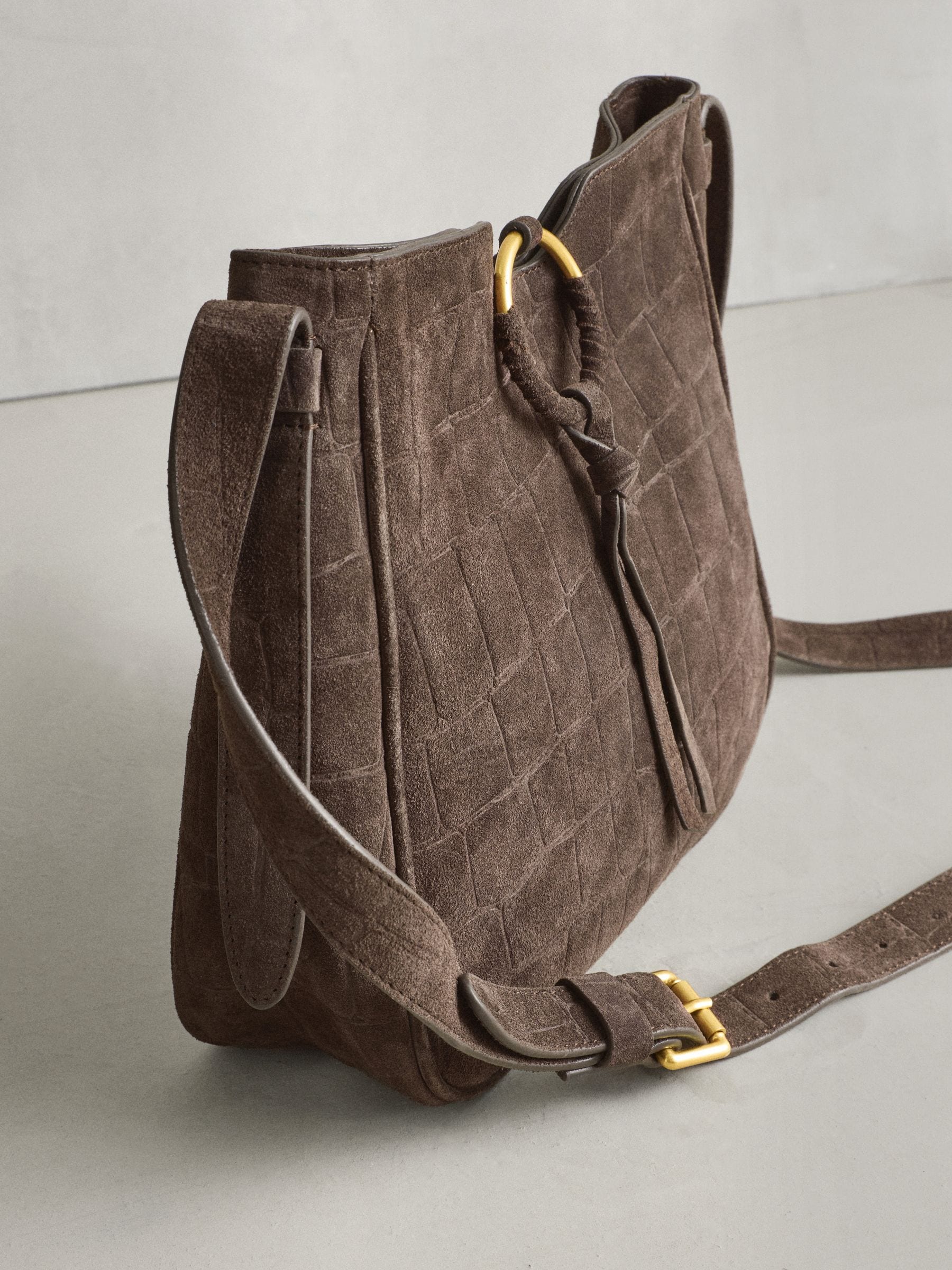 Chocolate Brown Suede Croc Messenger Cross-Body Bag