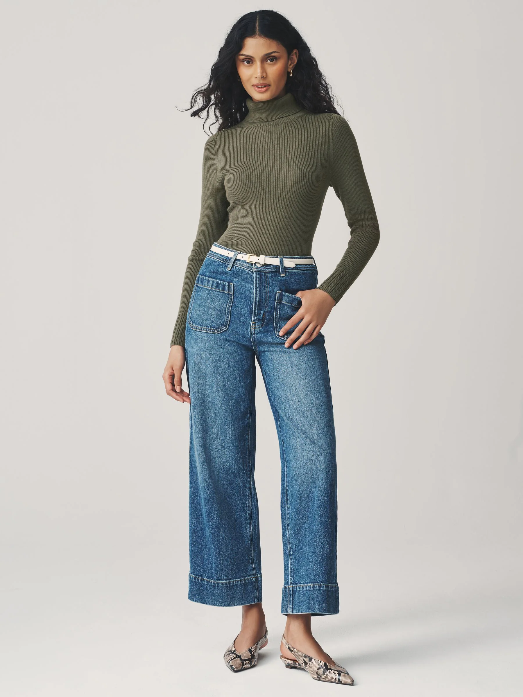 Khaki Green Roll Neck Ribbed Jumper With Wool